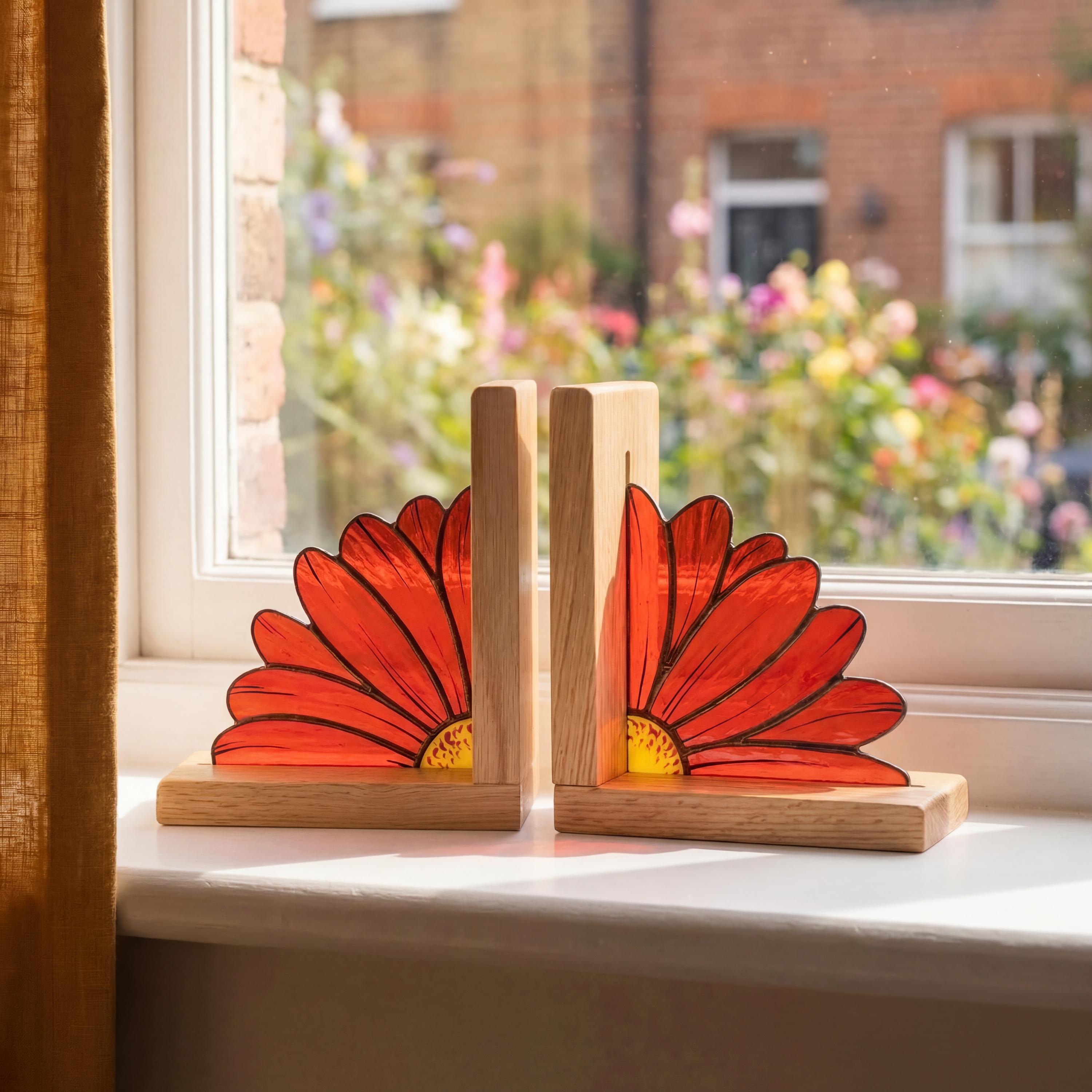 Serre-livres en vitrail Gerbera, décoration florale d'étagère pour les amateurs de lecture