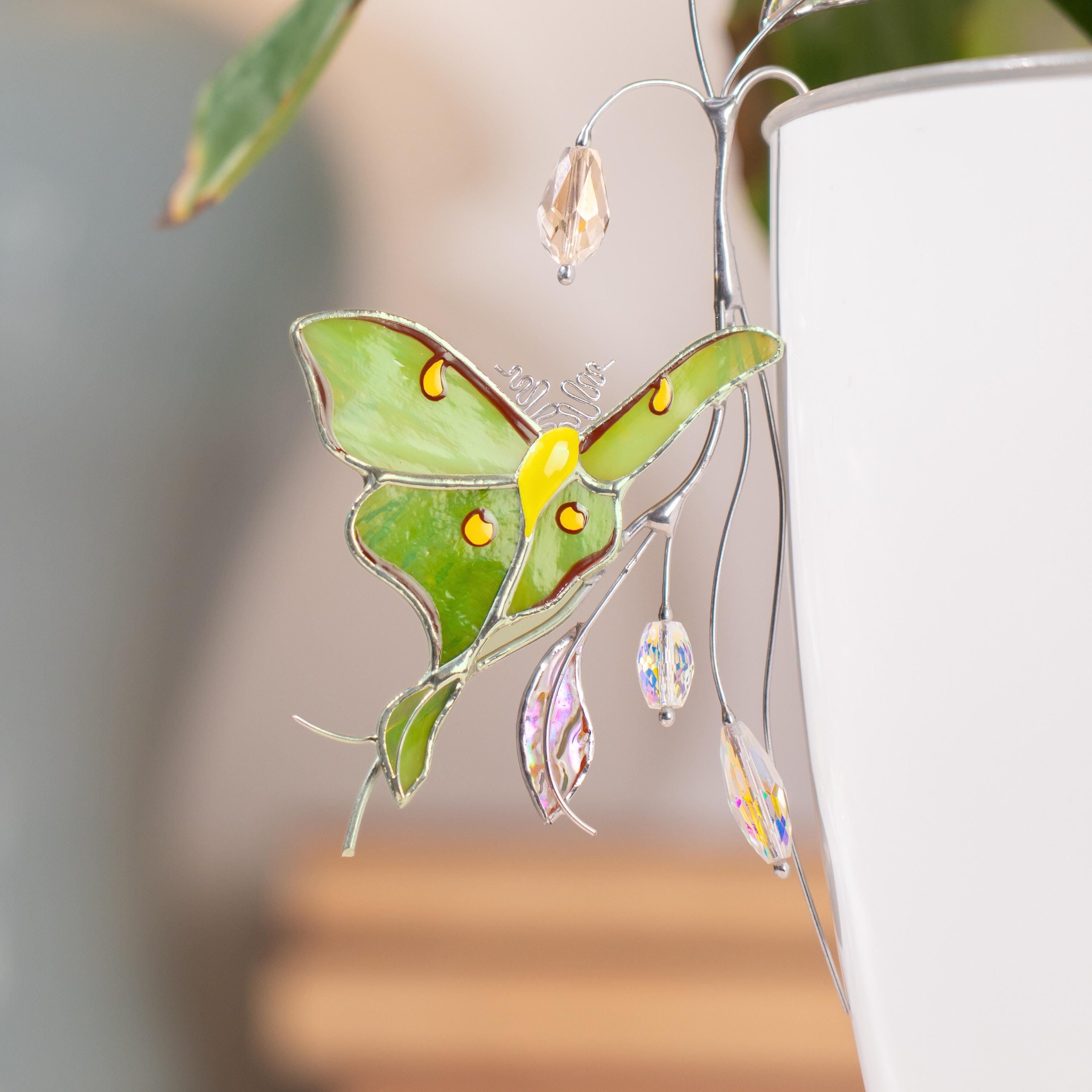 Support pour plante en vitrail papillon vert – Adapté aux pots de fleurs