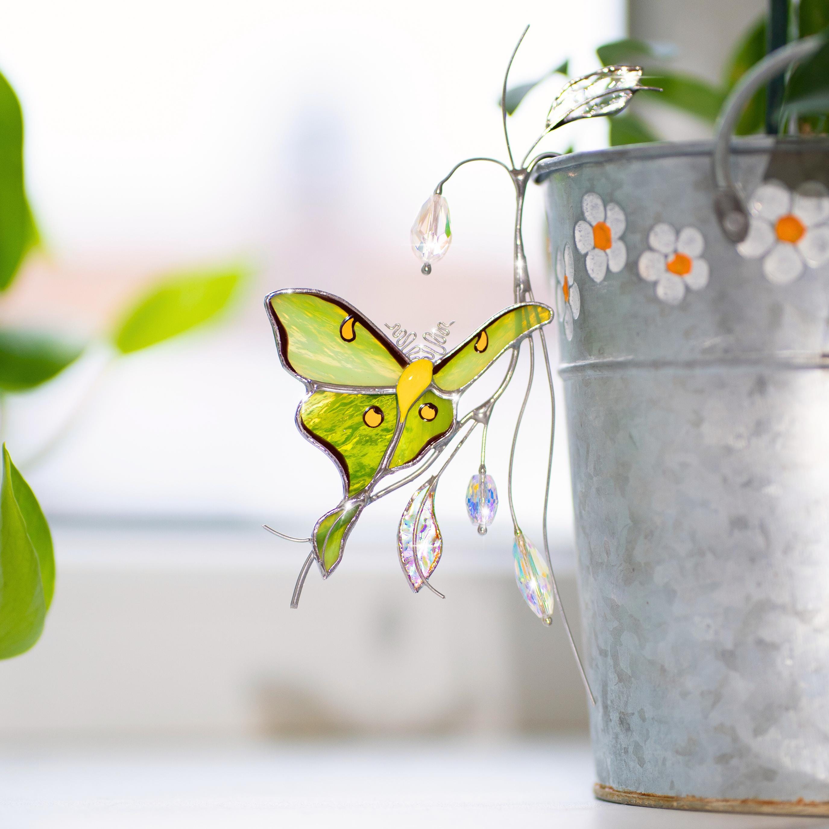 Support pour plante en vitrail papillon vert – Adapté aux pots de fleurs