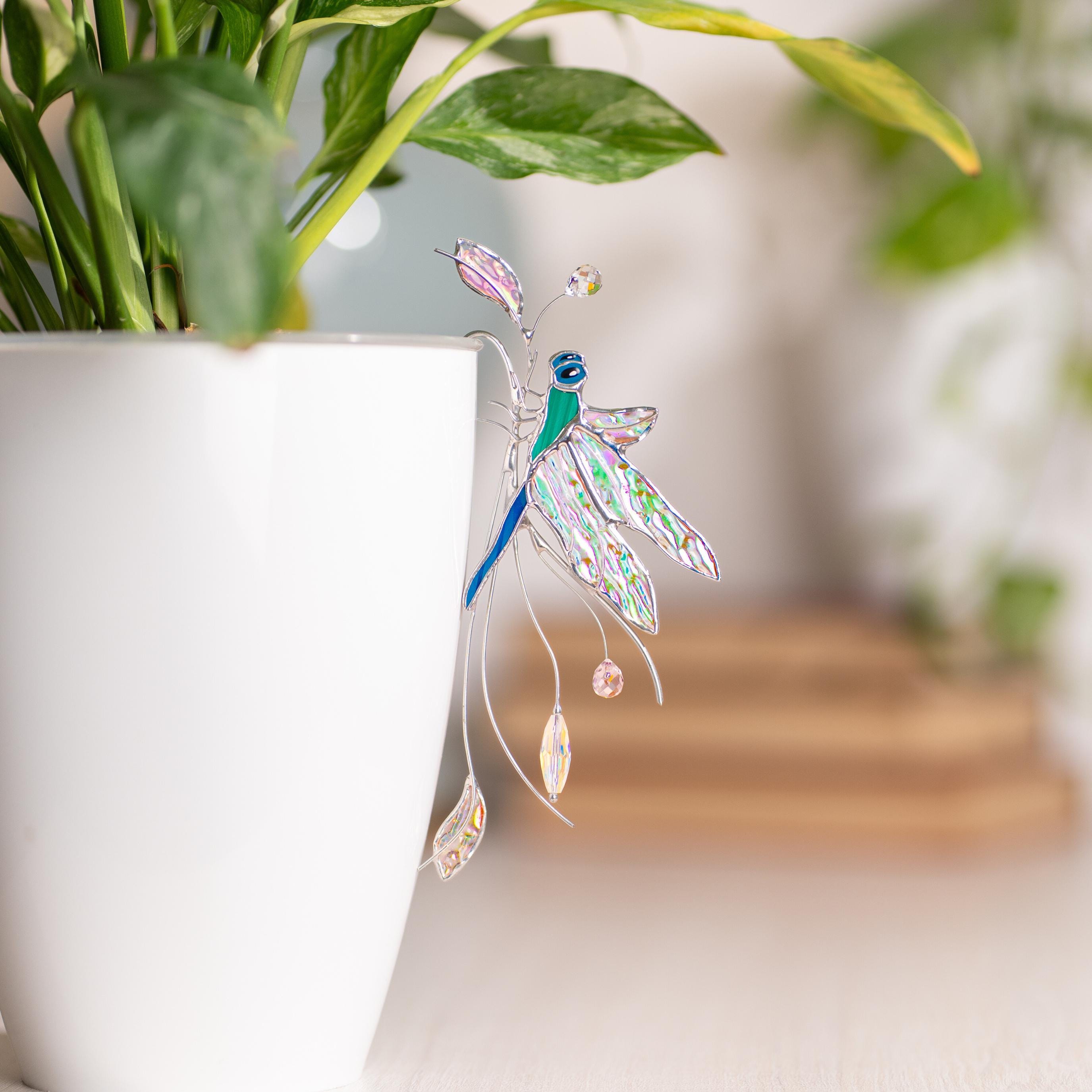 Décoration en forme de libellule en vitrail pour support de pot de fleurs, adaptée pour les bords de pot et les accents de table