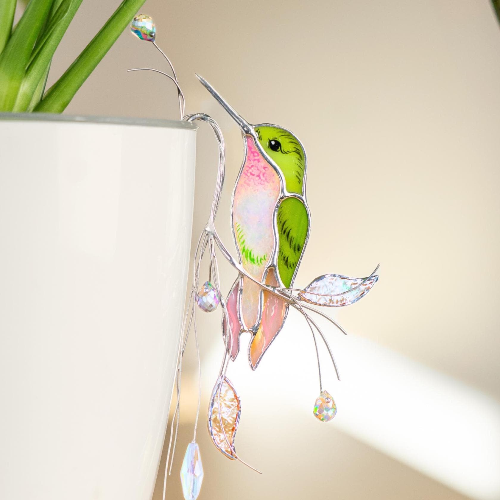 Décoration pour pot de fleurs en vitrail colibri, pouvant être utilisée comme décoration de jardin