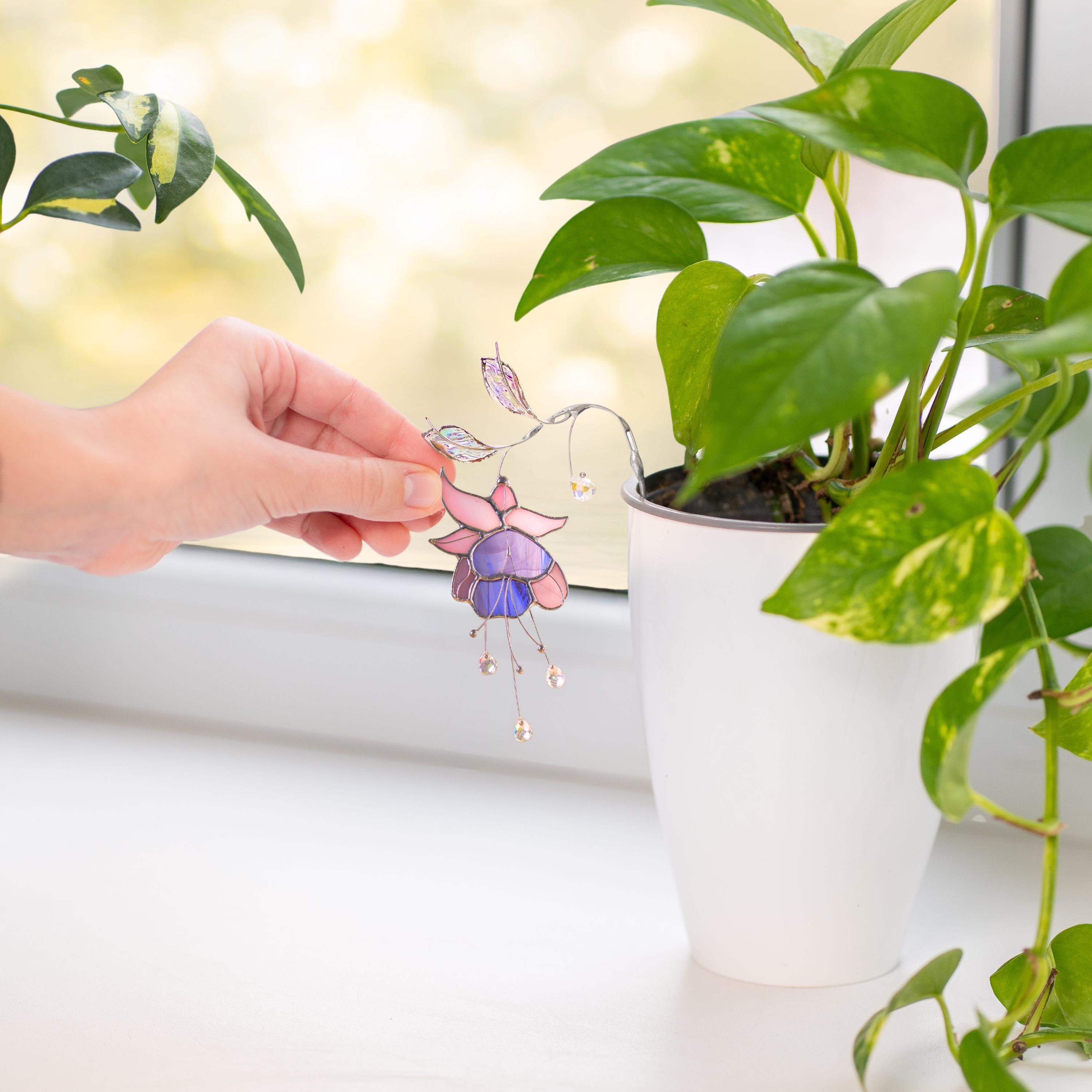 Décoration pour pot de fleurs en vitrail – Fleurs mauve et rose