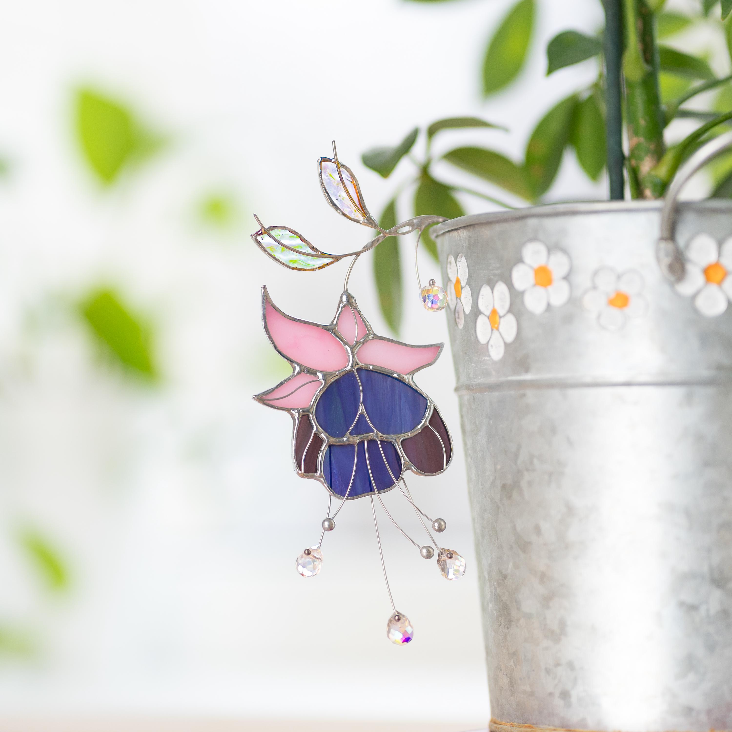 Décoration pour pot de fleurs en vitrail – Fleurs mauve et rose
