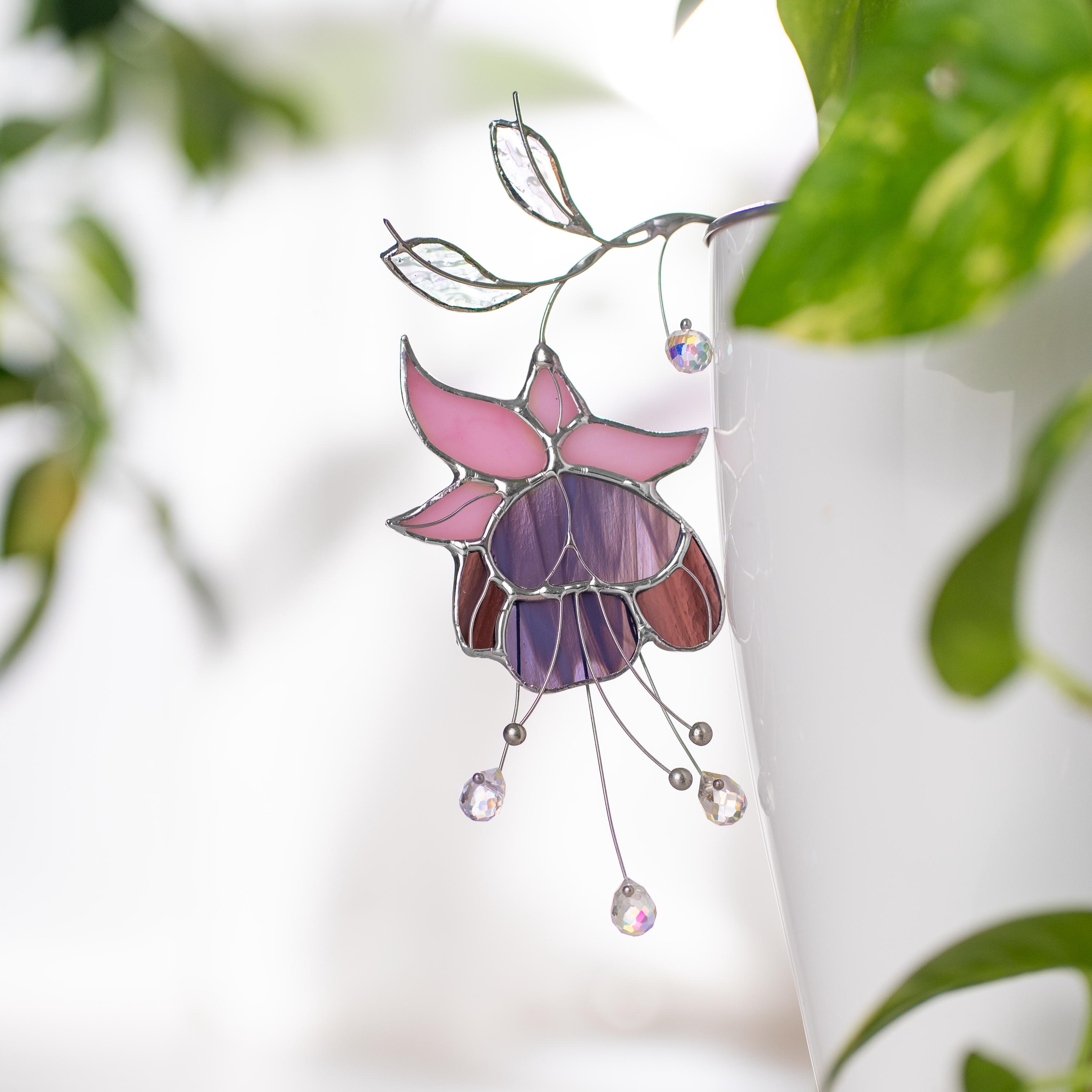 Décoration pour pot de fleurs en vitrail – Fleurs mauve et rose