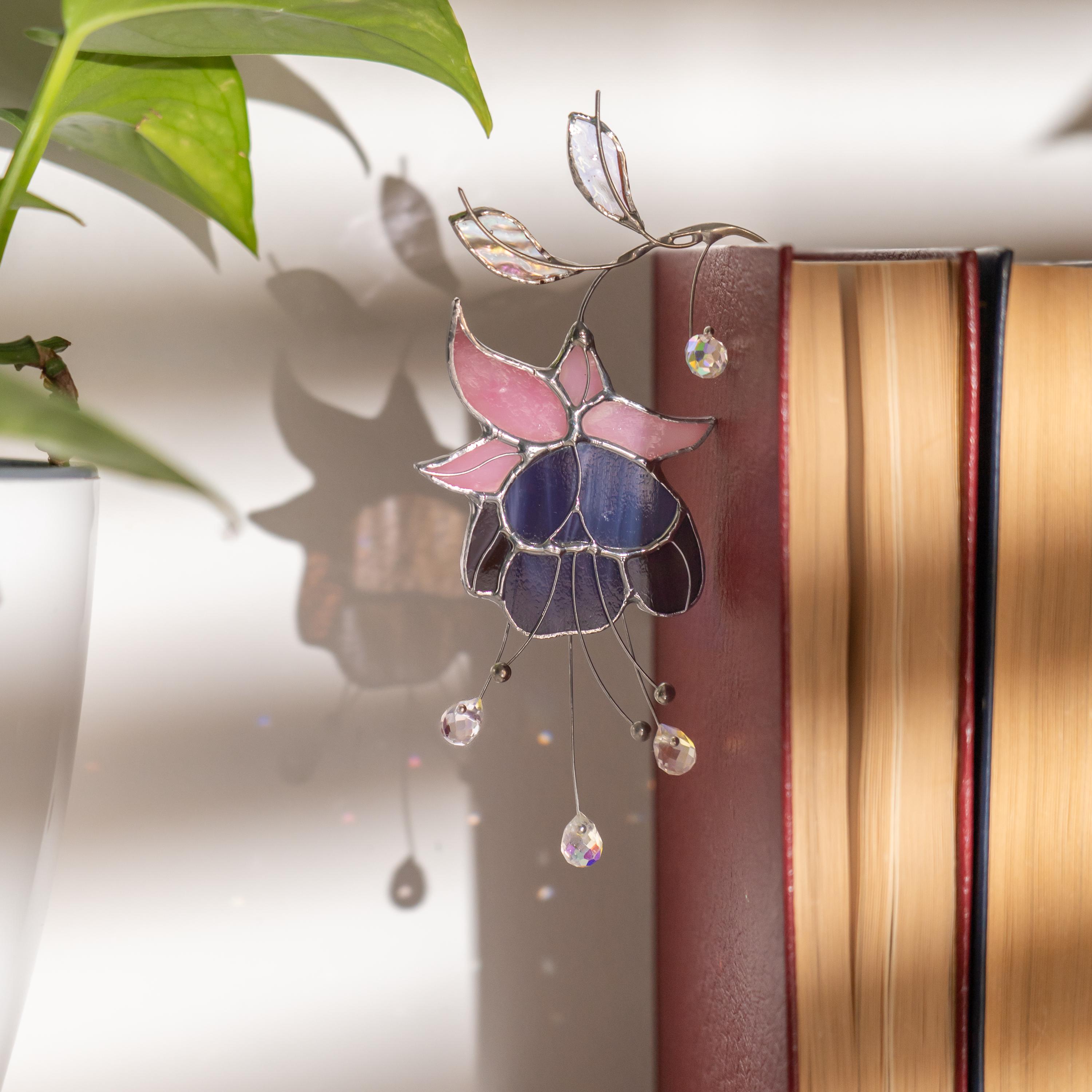 Décoration pour pot de fleurs en vitrail – Fleurs mauve et rose