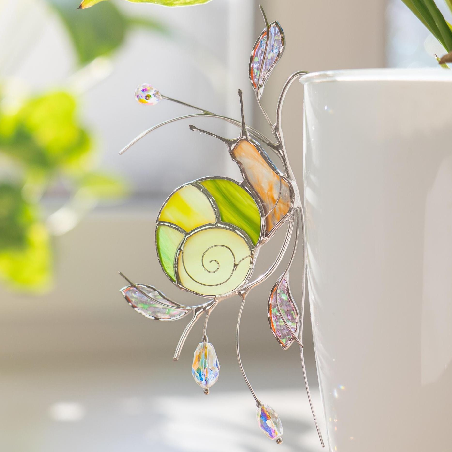 Décoration de pot de fleurs en vitrail en forme d’escargot, adaptée aux étagères, rebords de fenêtre et espaces verts intérieurs