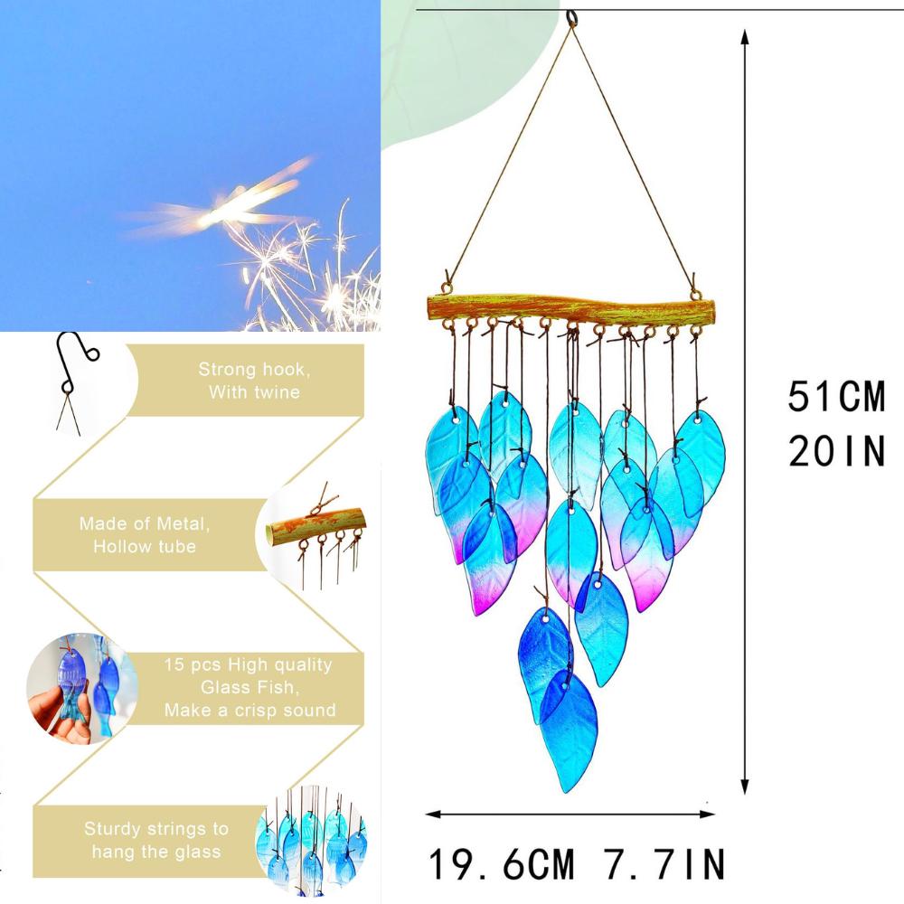 Carillons éoliens en verre avec feuilles colorées, suspension d’art de jardin pour intérieur ou extérieur
