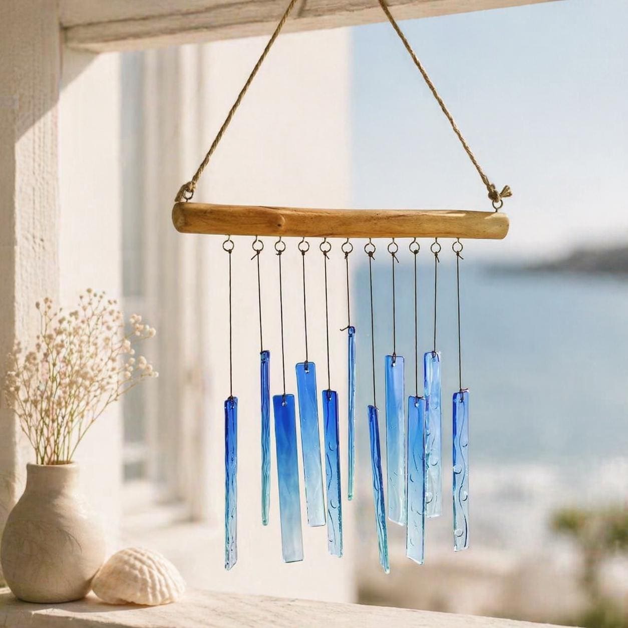 Attrape‑soleil en vitrail géométrique bleu‑vert, carillon éolien décoratif en verre pour fenêtre