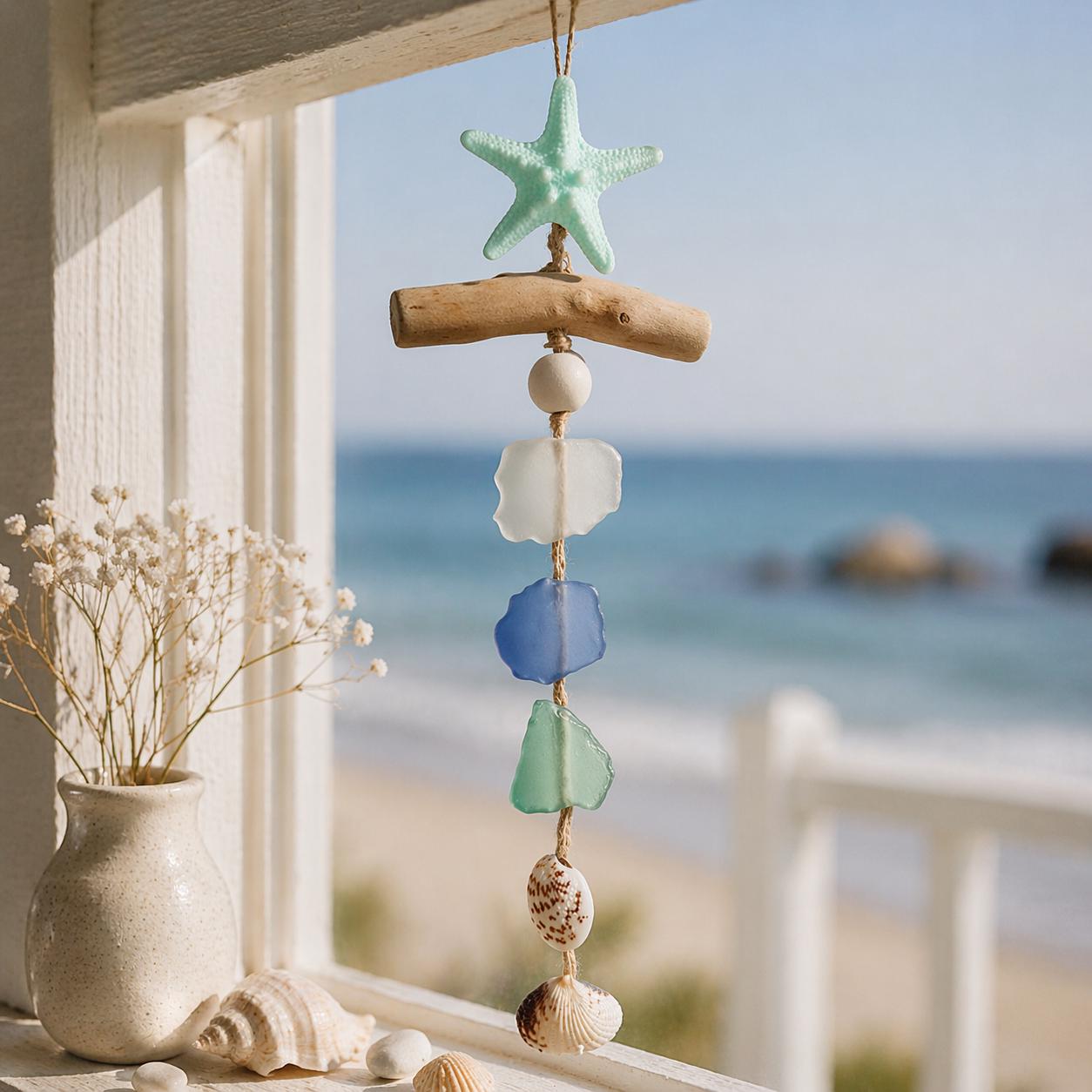 Carillon éolien étoile de mer en vitrail, attrape-soleil étoile de mer coloré, décoration d'intérieur de plage côtière, cadeau d'art marin fait main, cadeau pour suspension de fenêtre