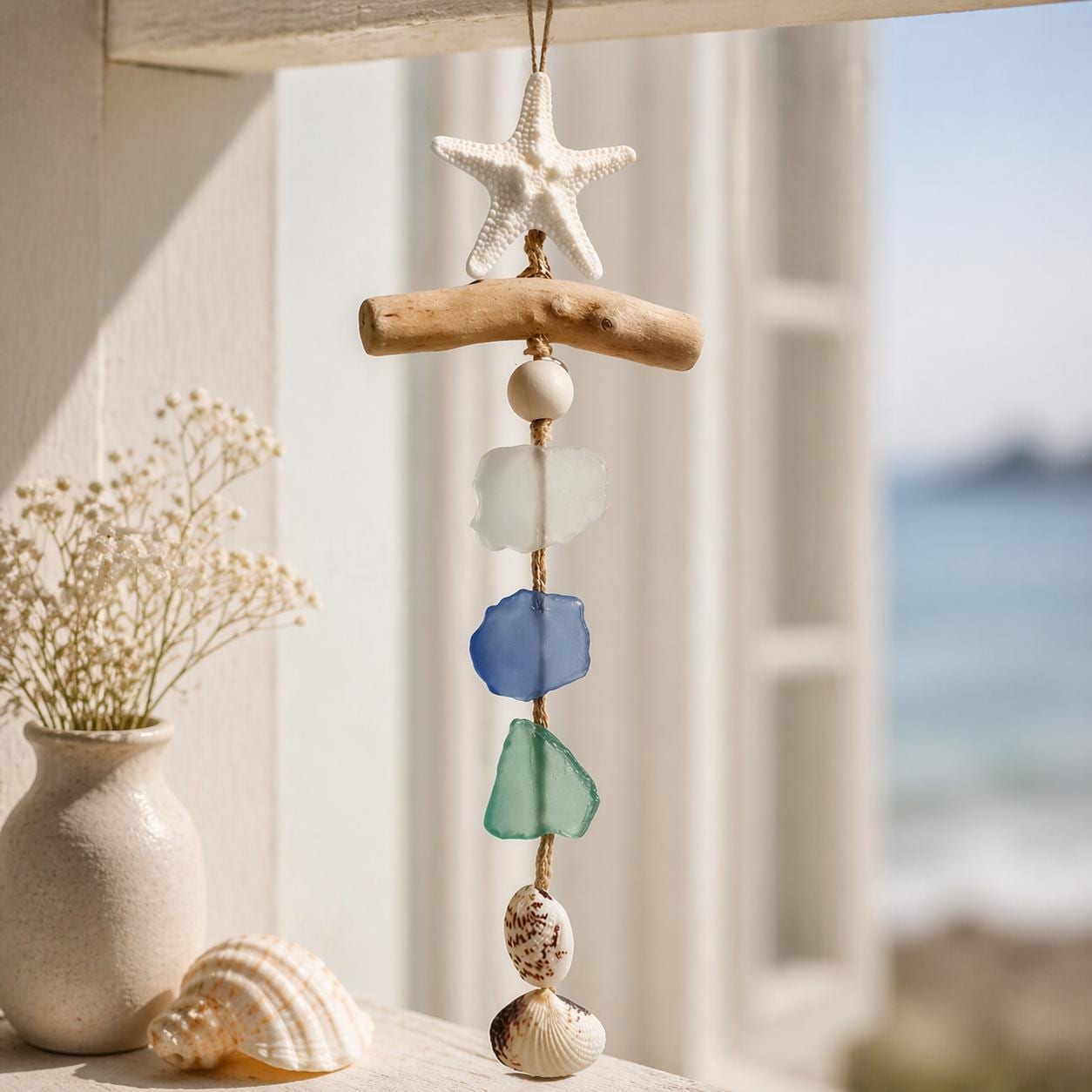 Carillon éolien étoile de mer en vitrail, attrape-soleil étoile de mer coloré, décoration d'intérieur de plage côtière, cadeau d'art marin fait main, cadeau pour suspension de fenêtre