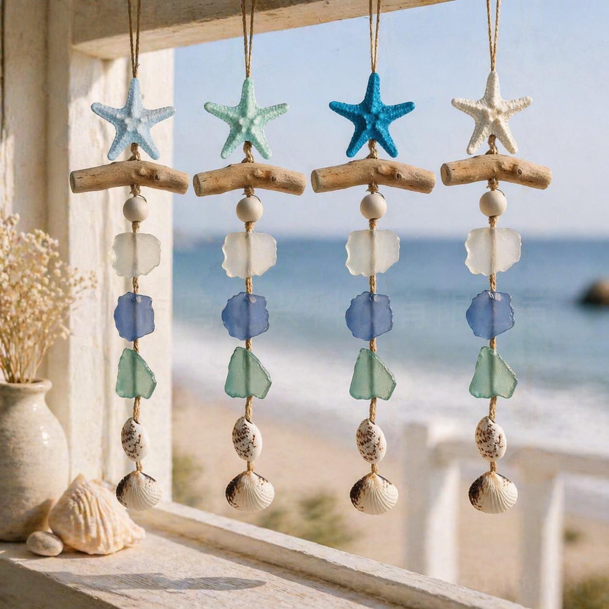 Carillon éolien étoile de mer en vitrail, attrape-soleil étoile de mer coloré, décoration d'intérieur de plage côtière, cadeau d'art marin fait main, cadeau pour suspension de fenêtre