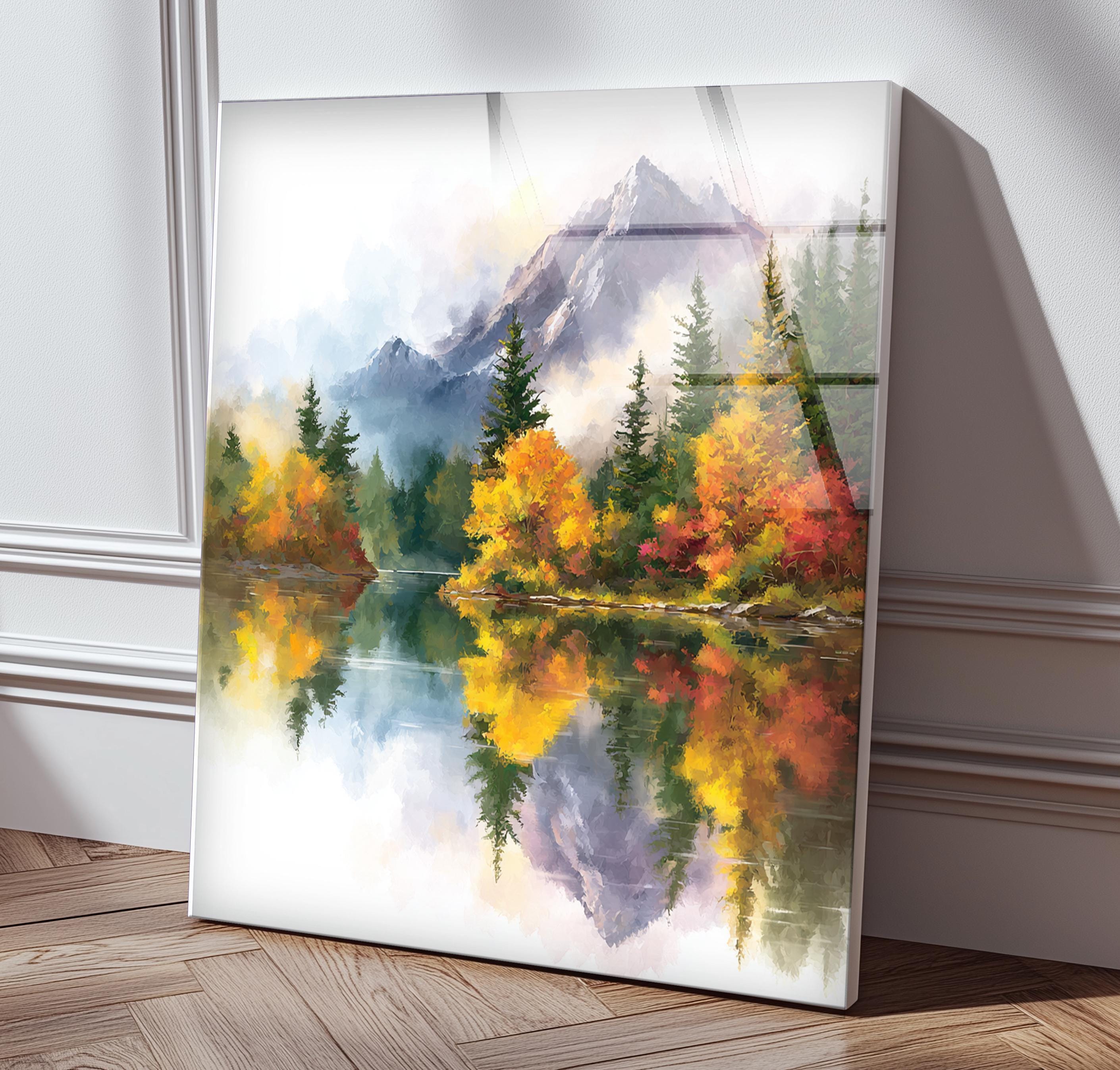 Décoration murale en verre trempé avec paysage d’automne, montagne et lac pour intérieur nature