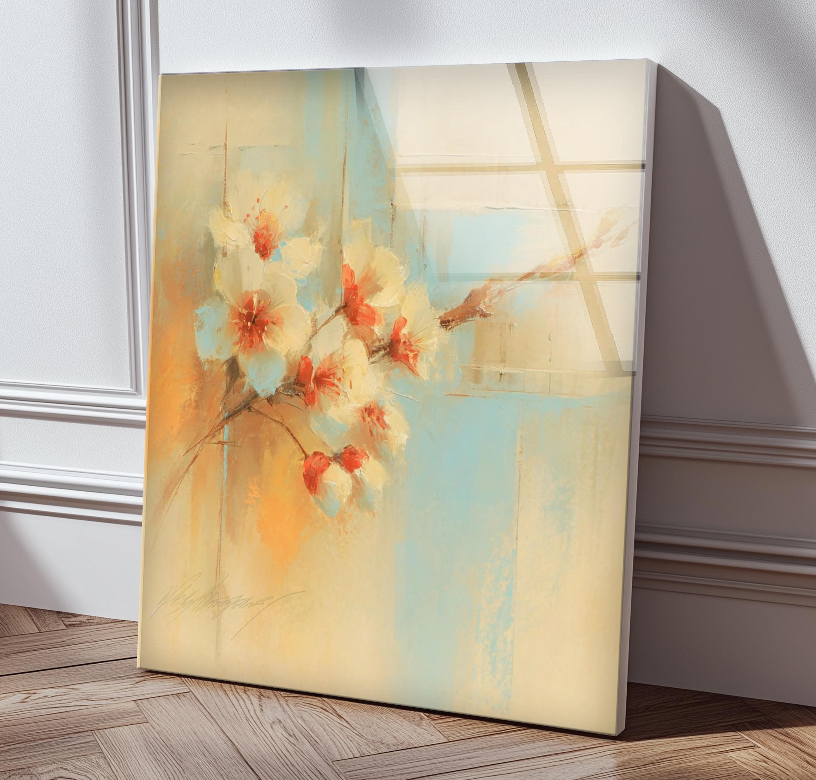 Art mural en verre motif fleurs de cerisier, tons pastel orange et sarcelle