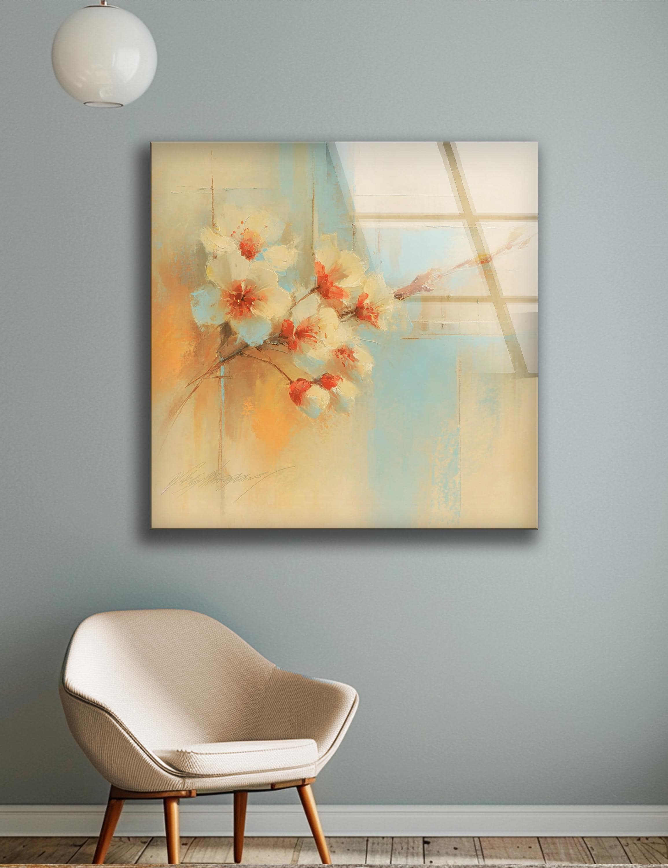 Art mural en verre motif fleurs de cerisier, tons pastel orange et sarcelle