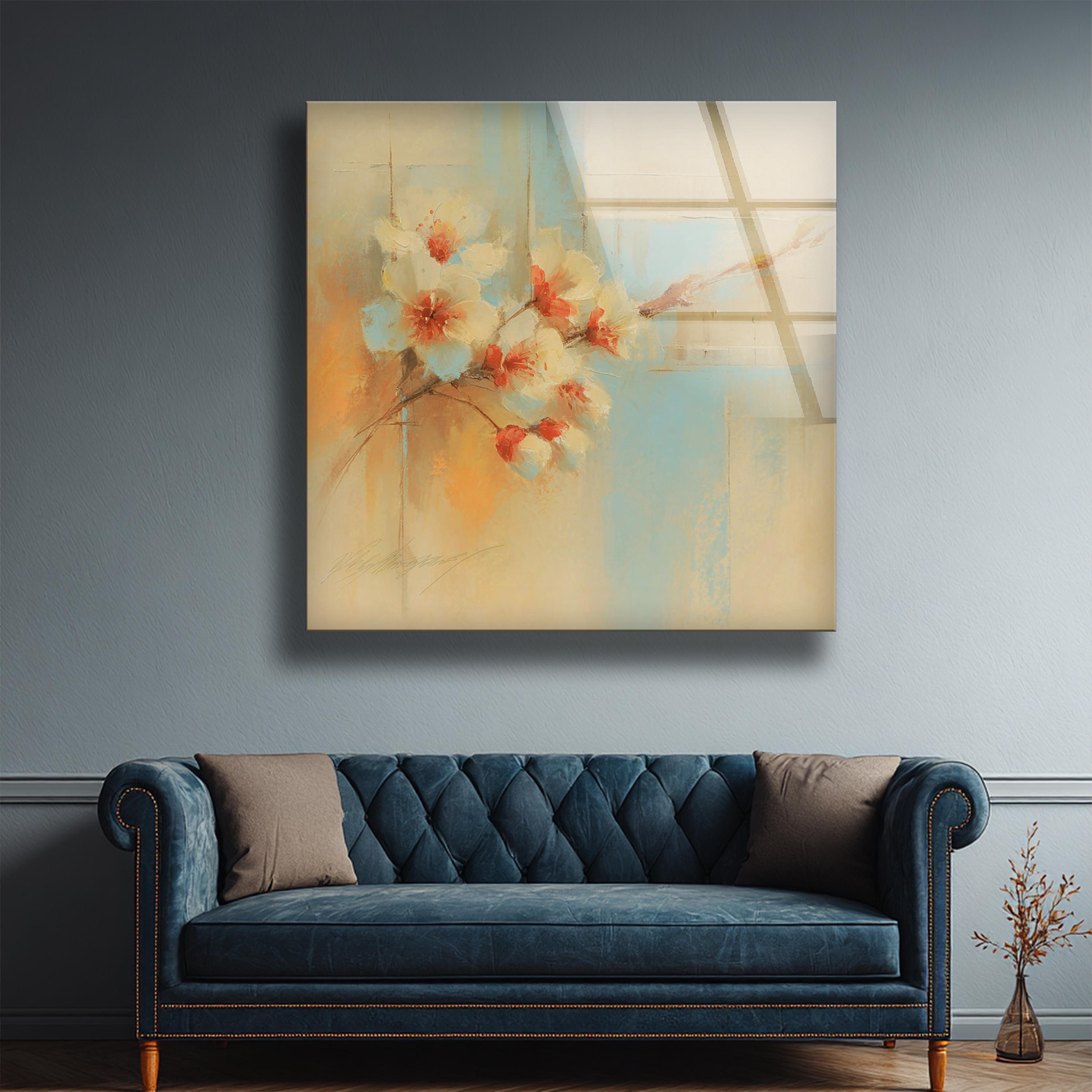 Art mural en verre motif fleurs de cerisier, tons pastel orange et sarcelle