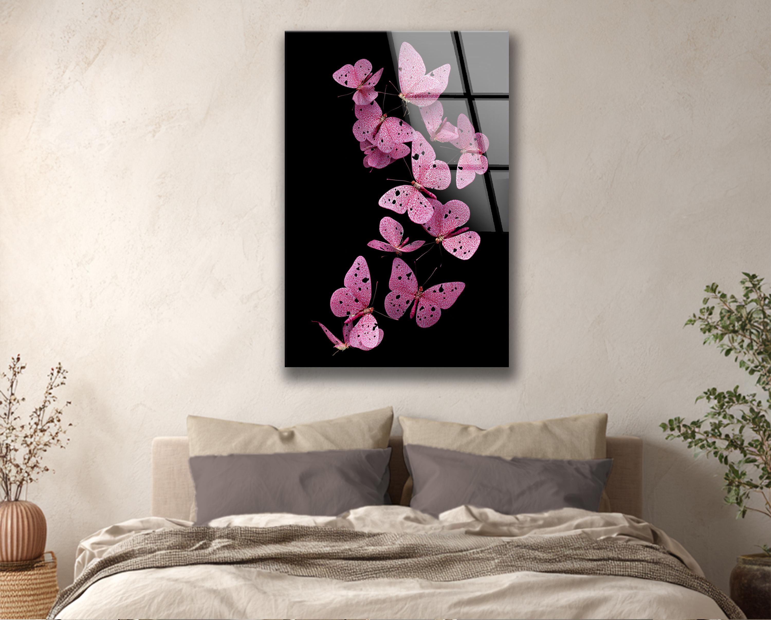 Décoration murale en verre trempé avec papillon rose et motif floral pour intérieur nature