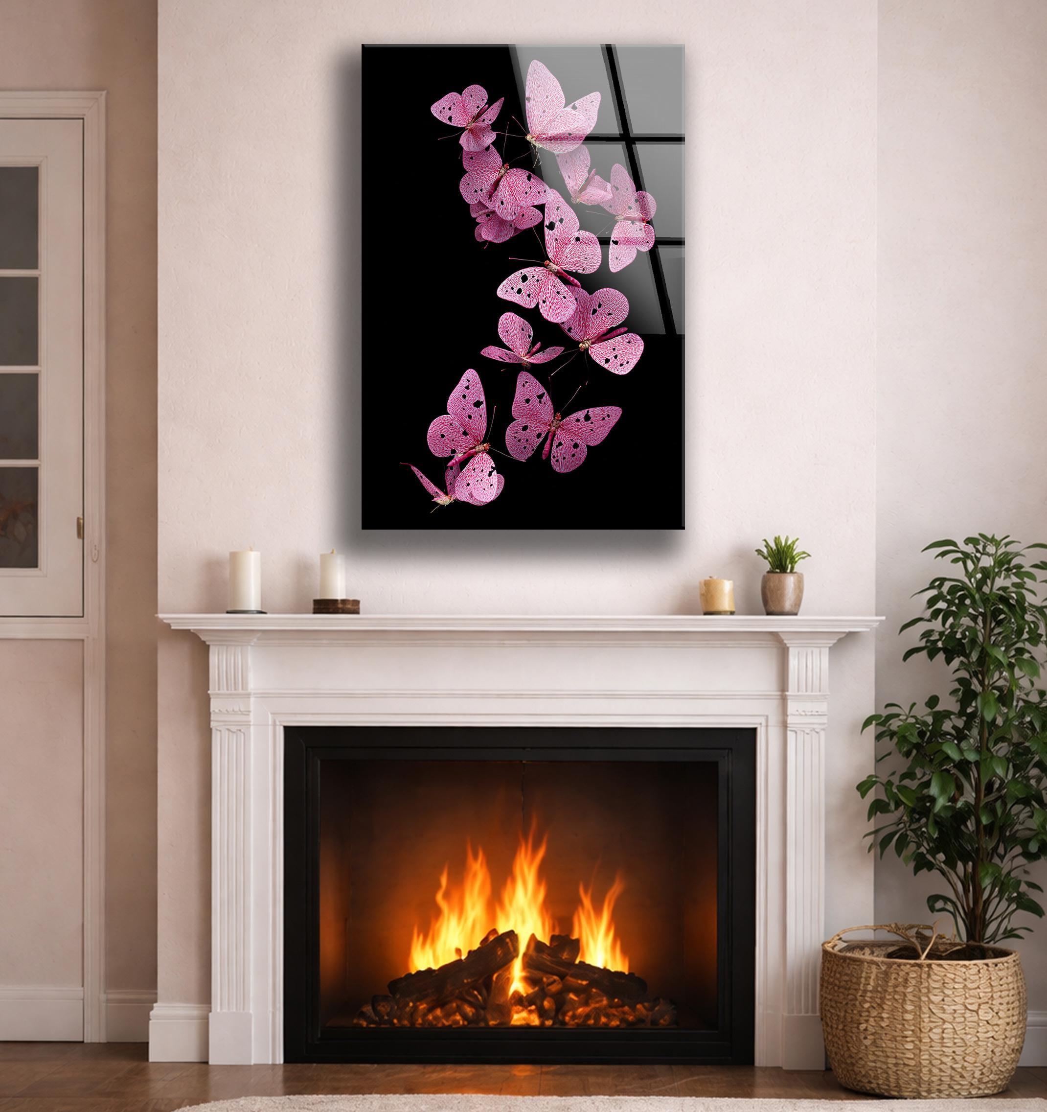 Décoration murale en verre trempé avec papillon rose et motif floral pour intérieur nature
