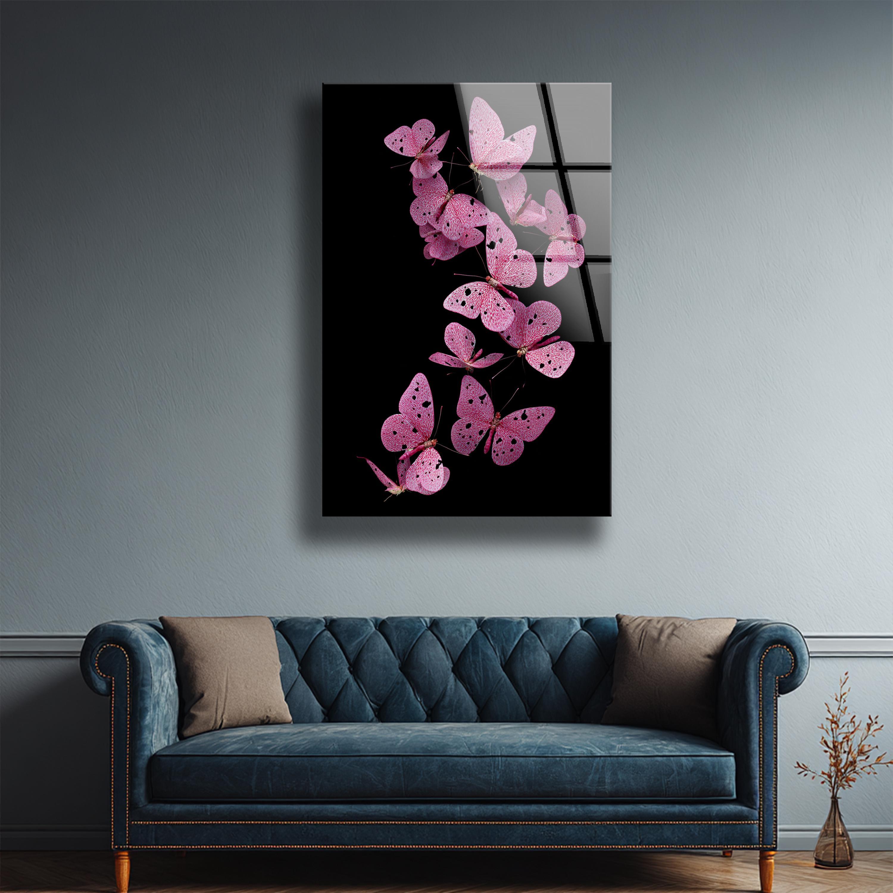 Décoration murale en verre trempé avec papillon rose et motif floral pour intérieur nature