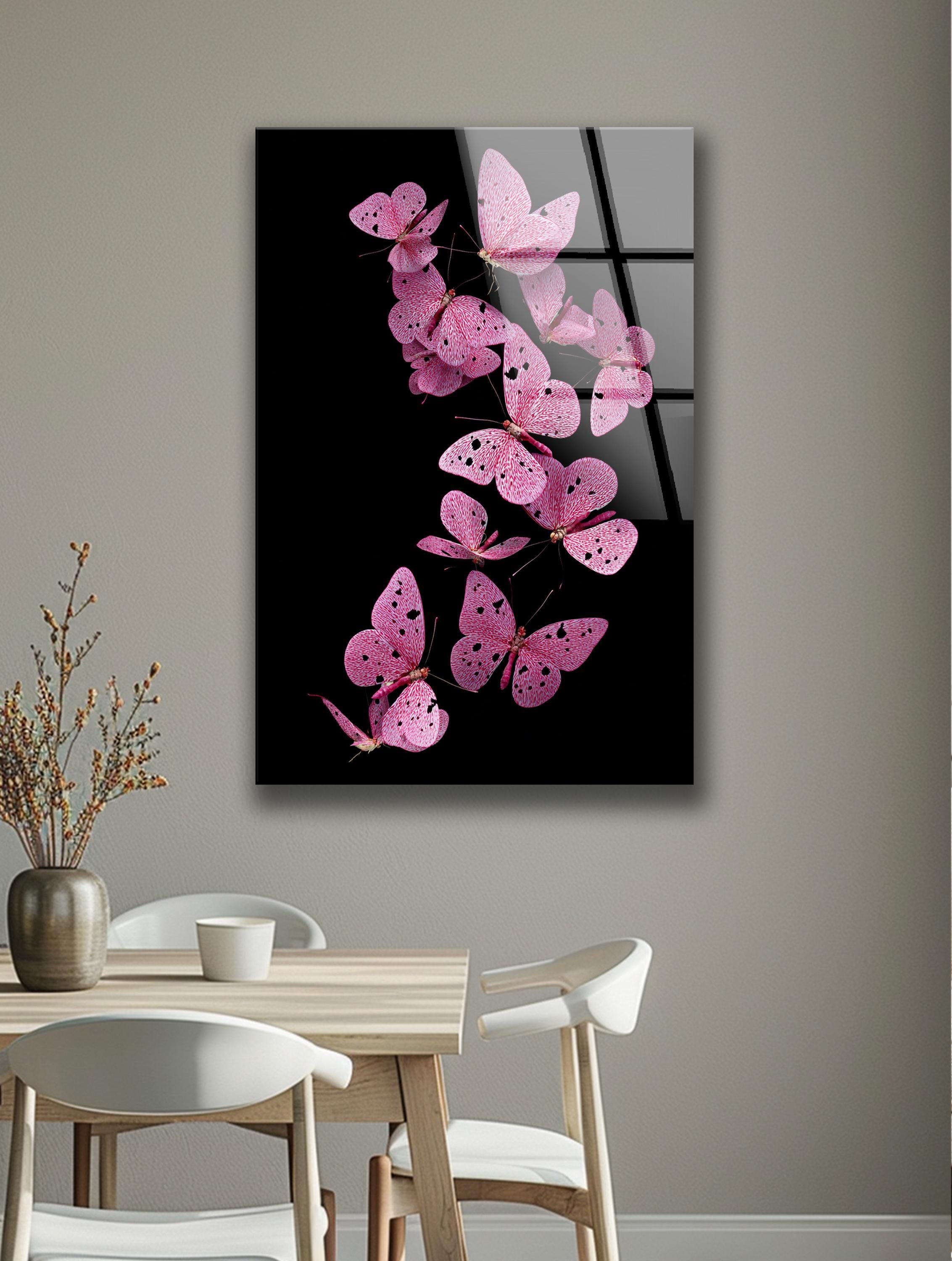 Décoration murale en verre trempé avec papillon rose et motif floral pour intérieur nature