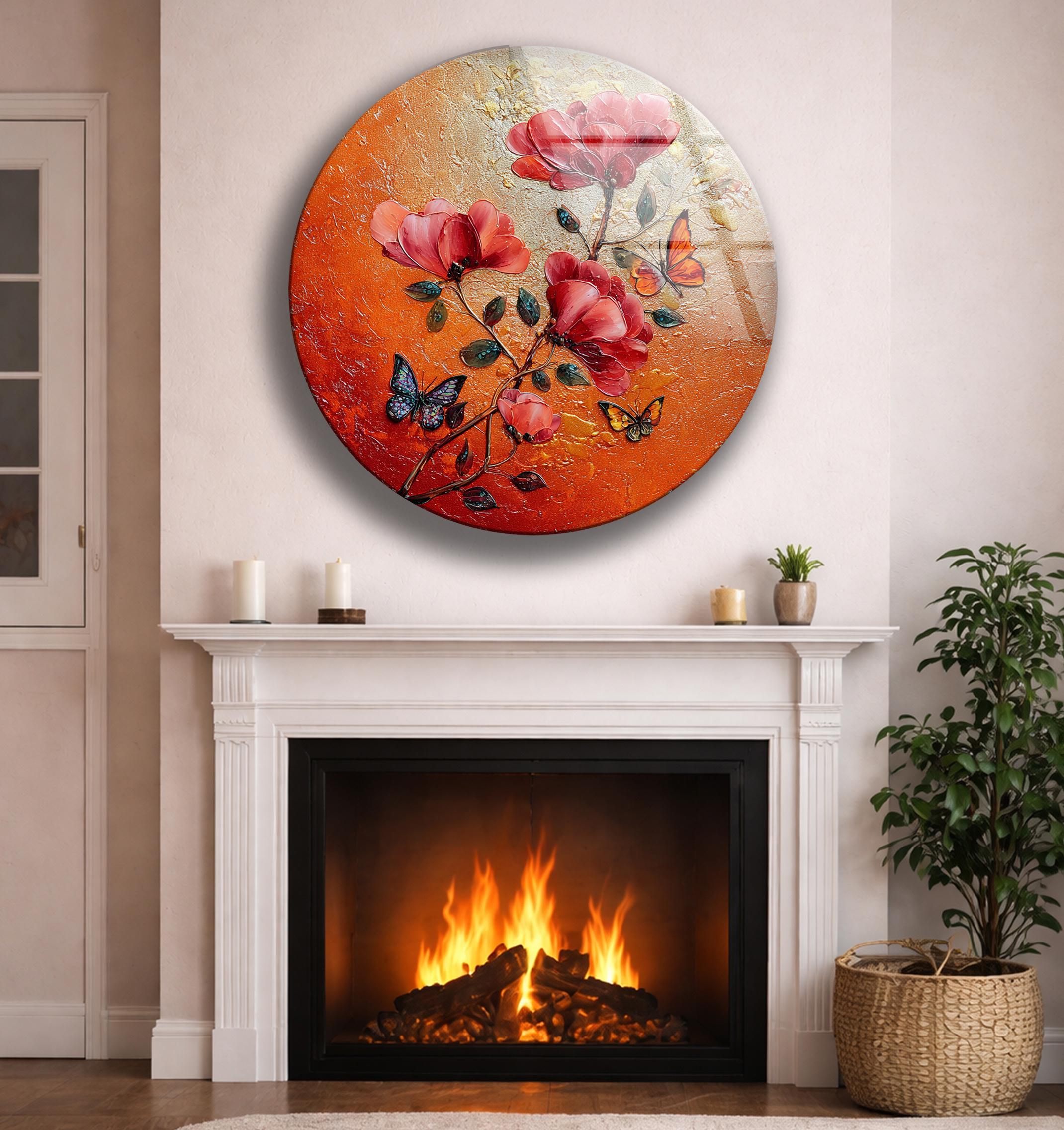 Art mural en verre rond à motifs floraux rouges et papillon pour décoration intérieure