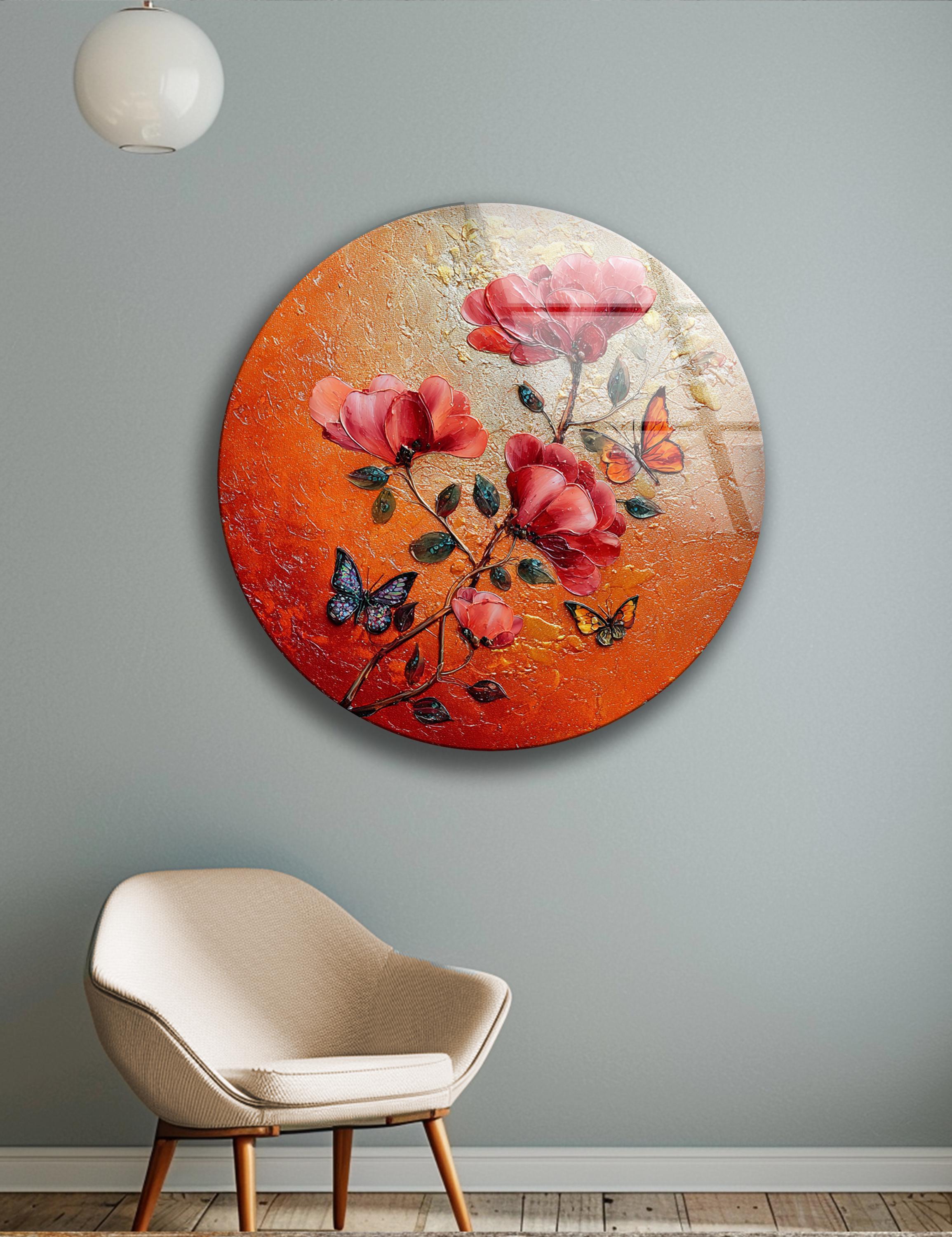 Art mural en verre rond à motifs floraux rouges et papillon pour décoration intérieure