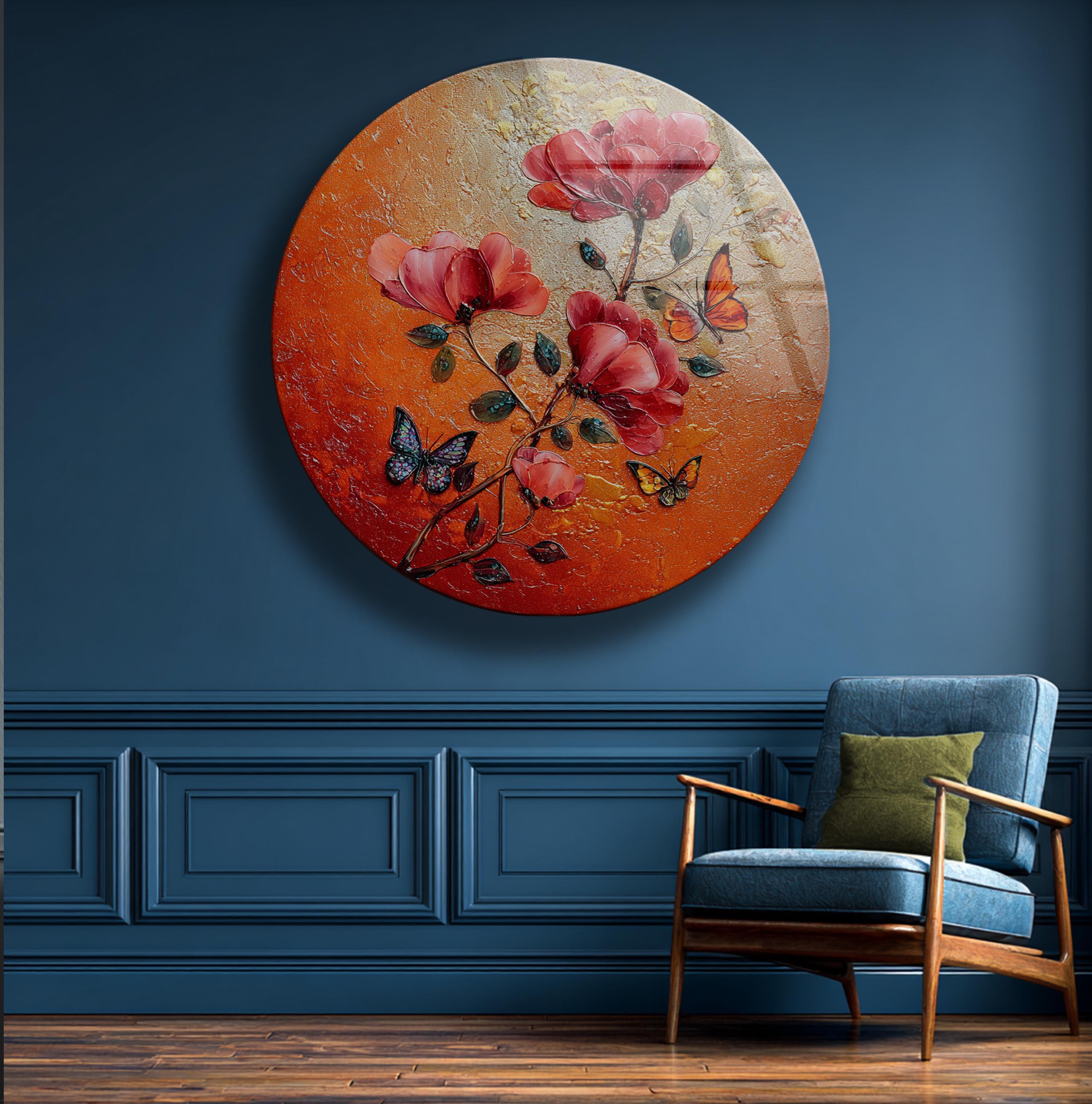 Art mural en verre rond à motifs floraux rouges et papillon pour décoration intérieure