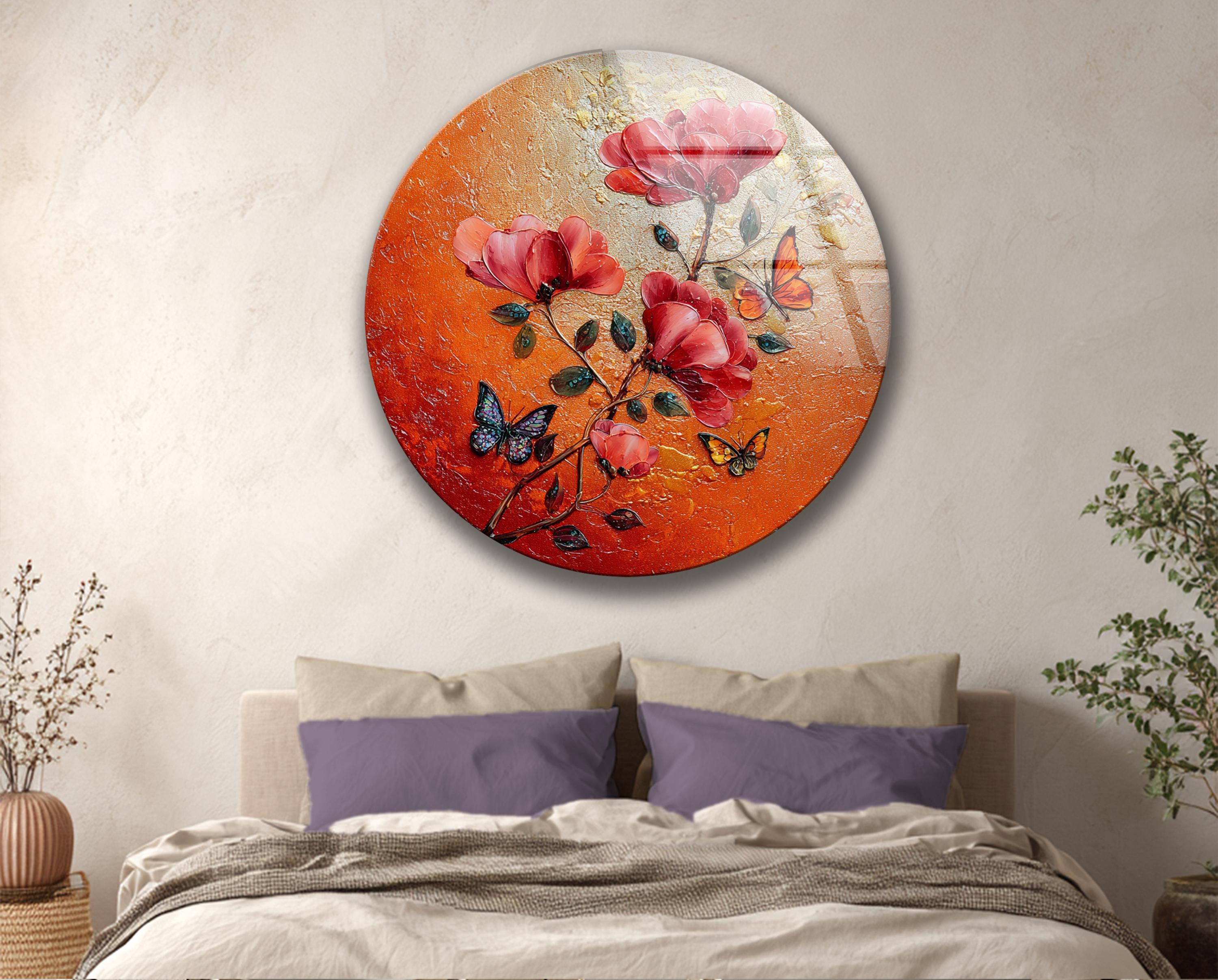 Art mural en verre rond à motifs floraux rouges et papillon pour décoration intérieure