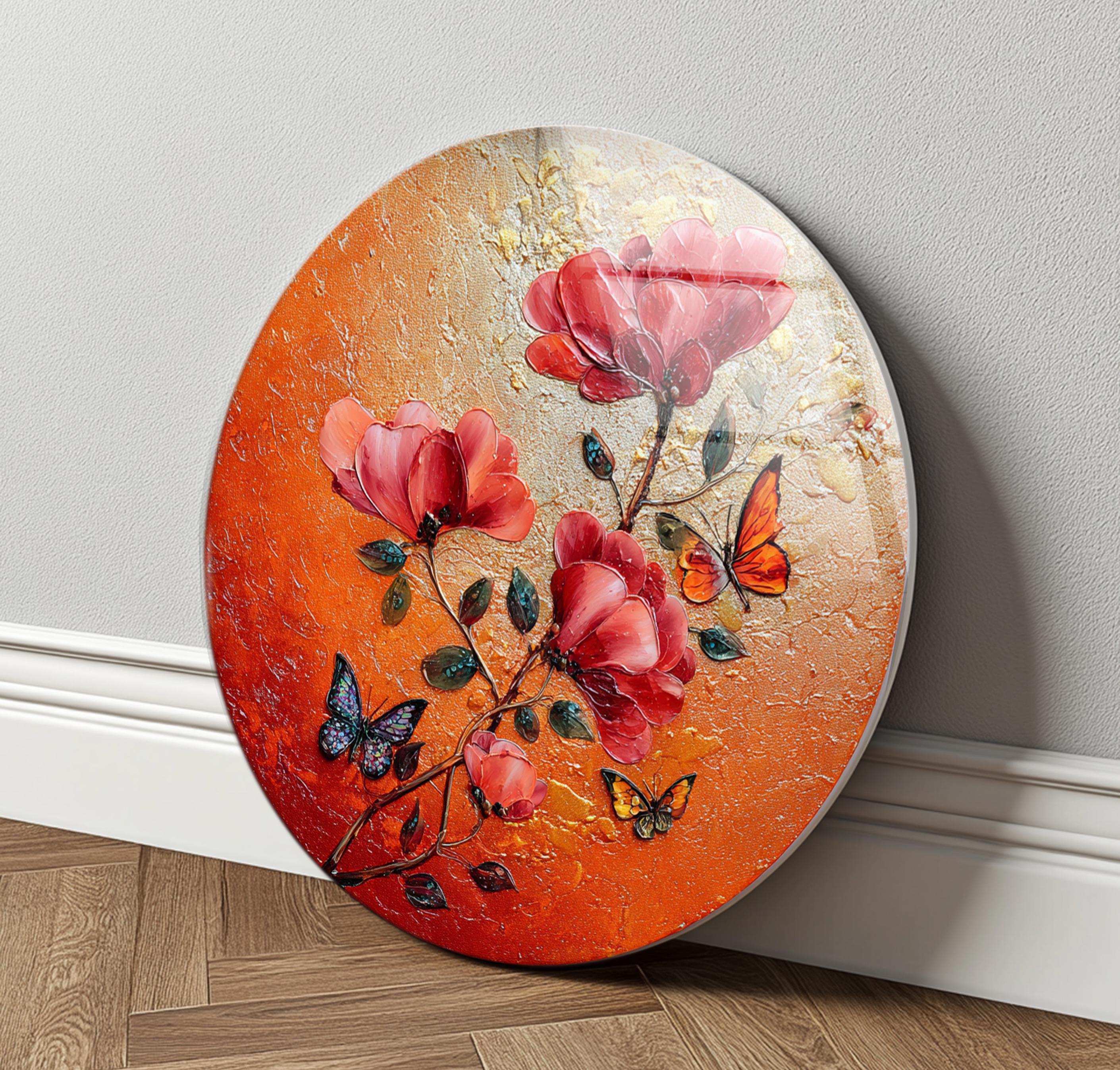 Art mural en verre rond à motifs floraux rouges et papillon pour décoration intérieure