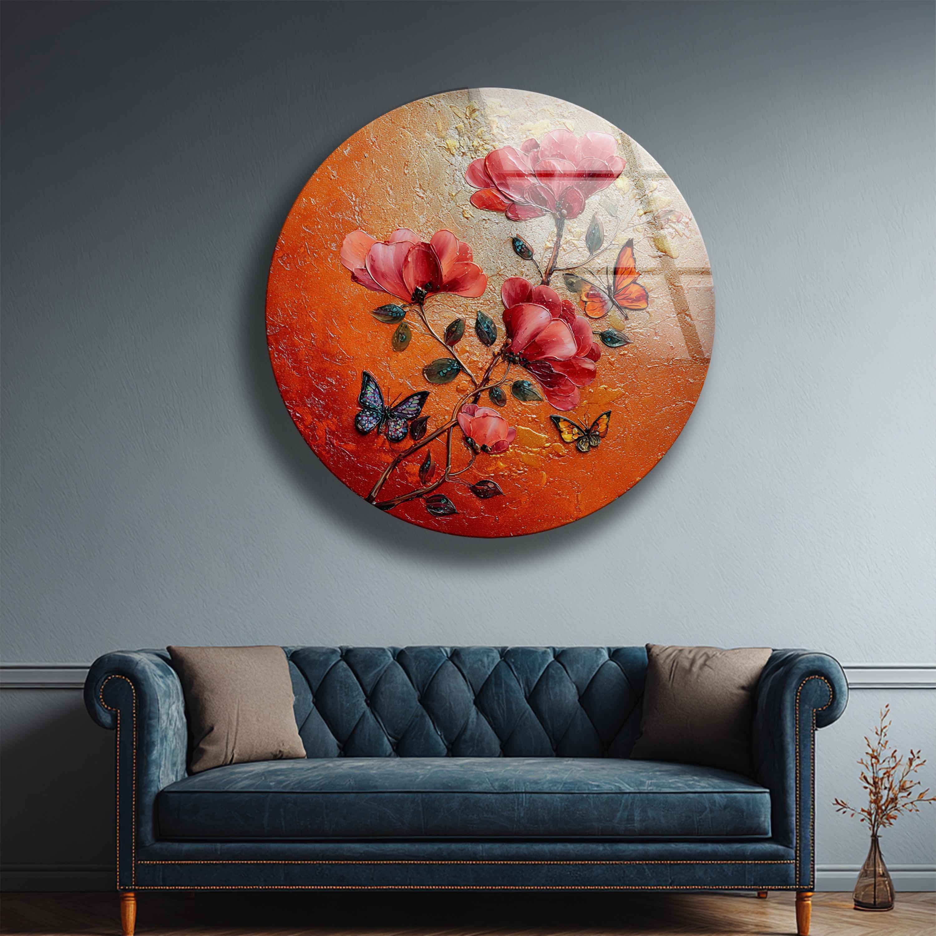 Art mural en verre rond à motifs floraux rouges et papillon pour décoration intérieure