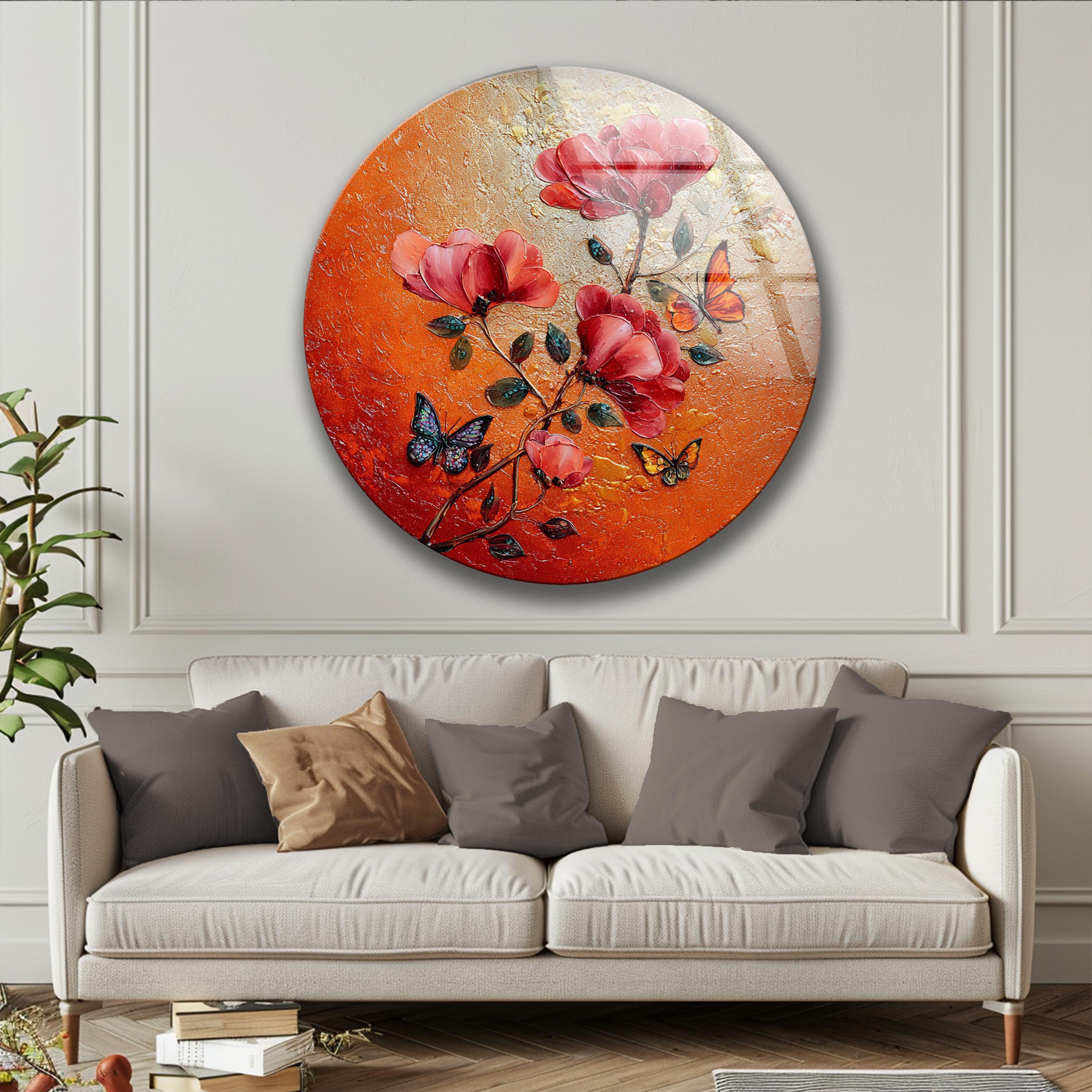 Art mural en verre rond à motifs floraux rouges et papillon pour décoration intérieure