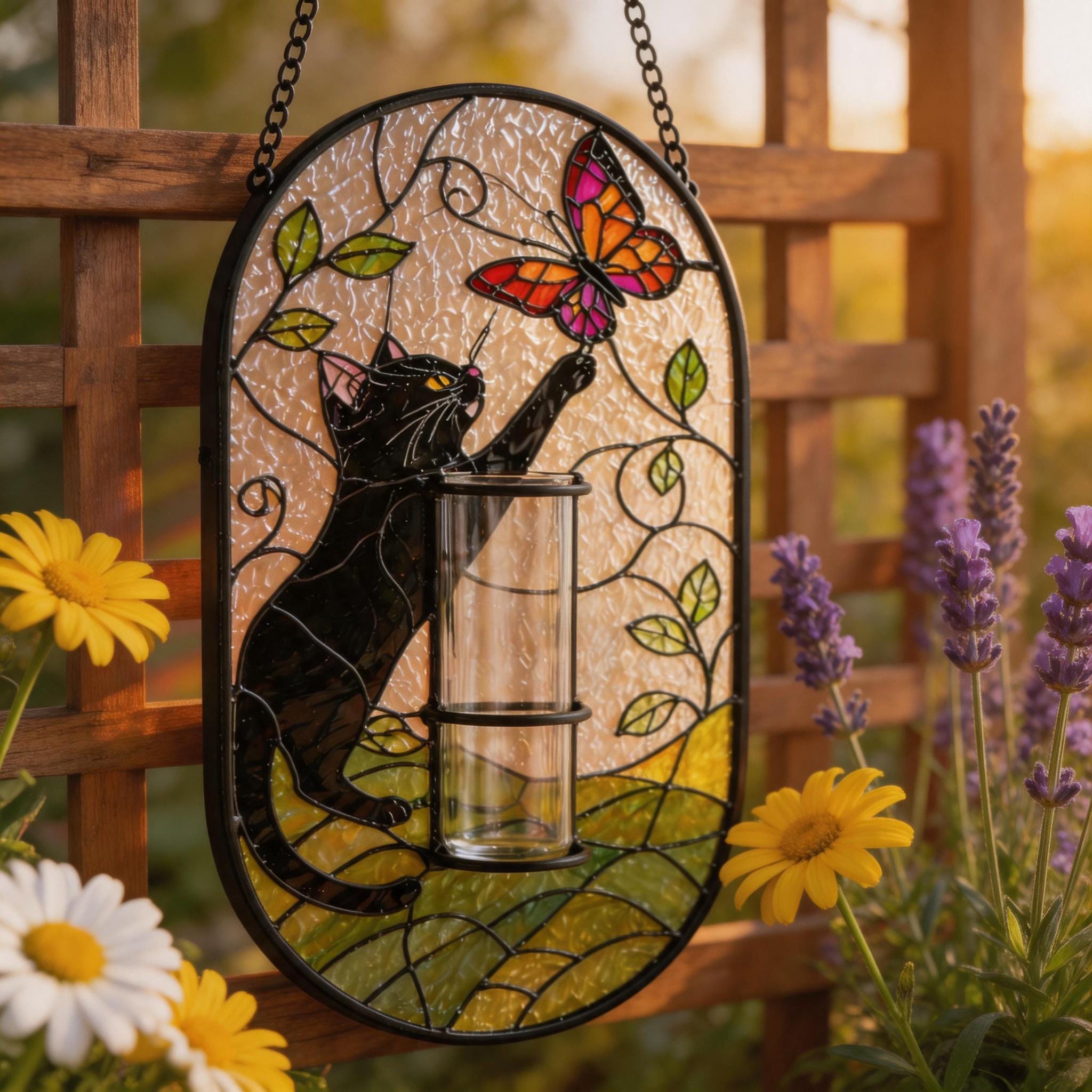 Attrape-soleil chat noir en vitrail avec porte-vase, cadeau mignon pour amoureux des chats