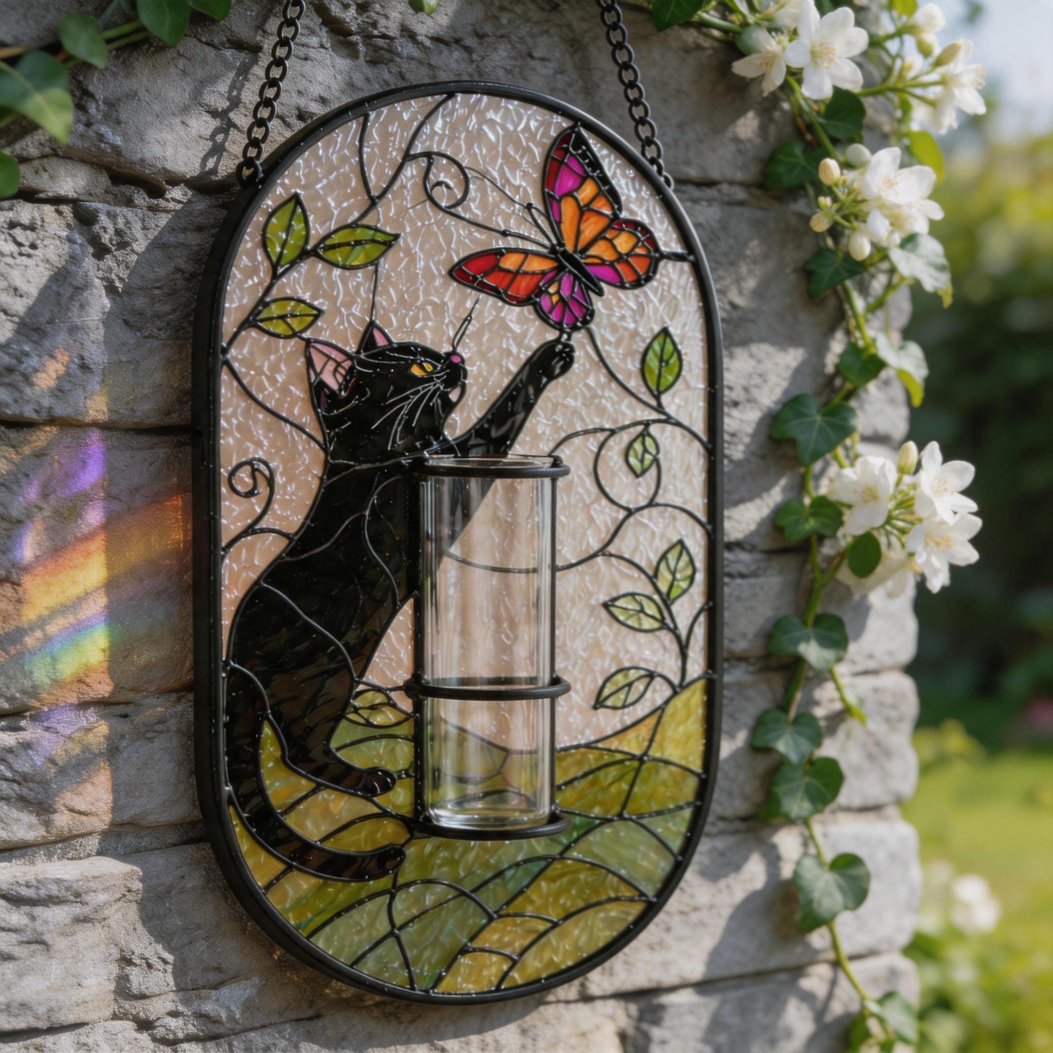 Attrape-soleil chat noir en vitrail avec porte-vase, cadeau mignon pour amoureux des chats