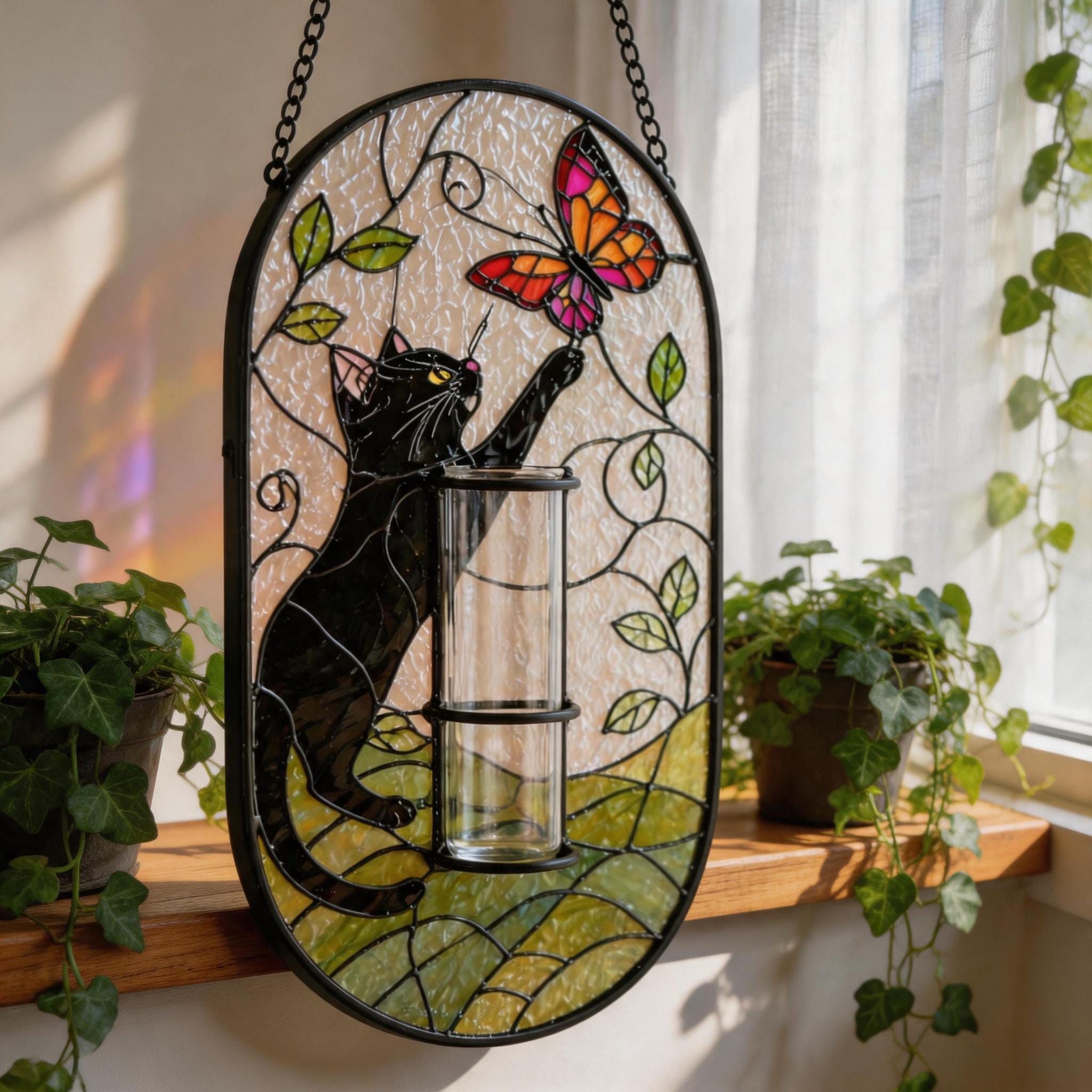 Attrape-soleil chat noir en vitrail avec porte-vase, cadeau mignon pour amoureux des chats