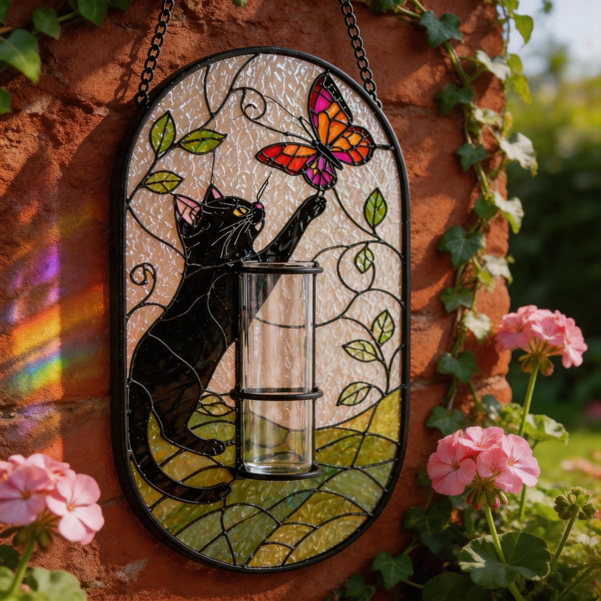 Attrape-soleil chat noir en vitrail avec porte-vase, cadeau mignon pour amoureux des chats