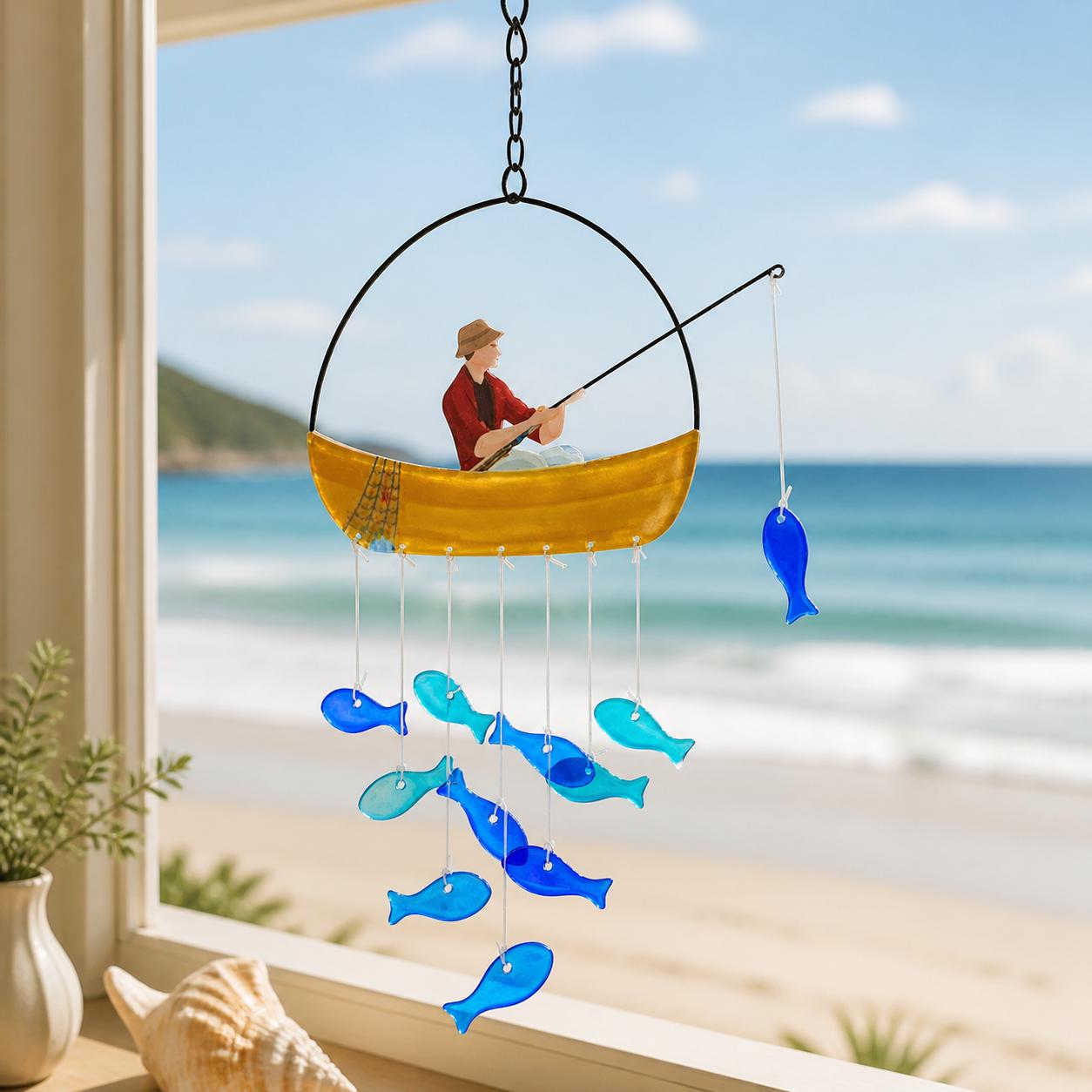 Capteur de soleil côtier en vitrail motif sardine, suspension en verre fait main bleu océan pour fenêtre