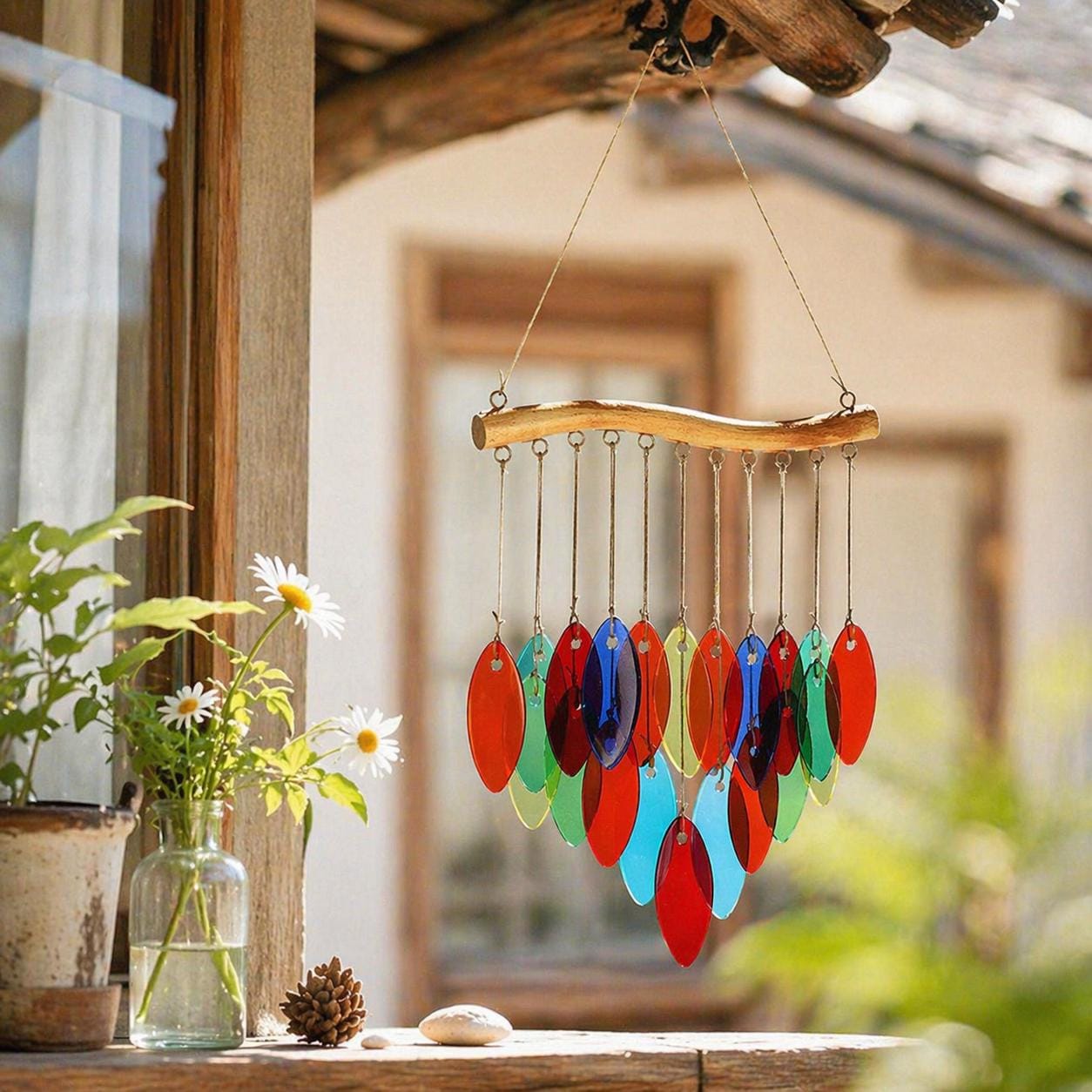 Carillons éoliens en verre avec feuilles colorées, suspension d’art de jardin pour intérieur ou extérieur