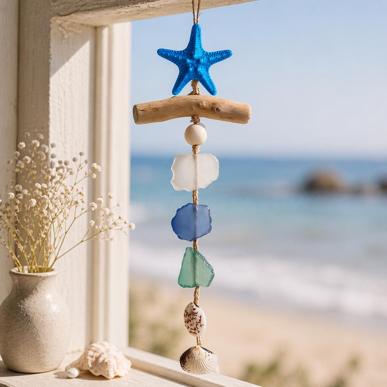 Carillon éolien étoile de mer en vitrail, attrape-soleil étoile de mer coloré, décoration d'intérieur de plage côtière, cadeau d'art marin fait main, cadeau pour suspension de fenêtre