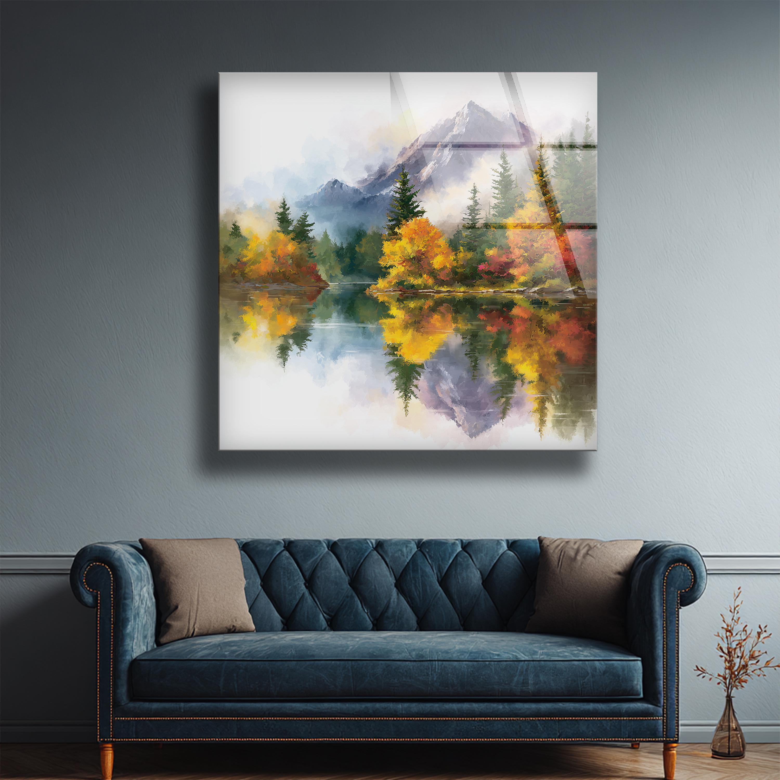 Décoration murale en verre trempé avec paysage d’automne, montagne et lac pour intérieur nature