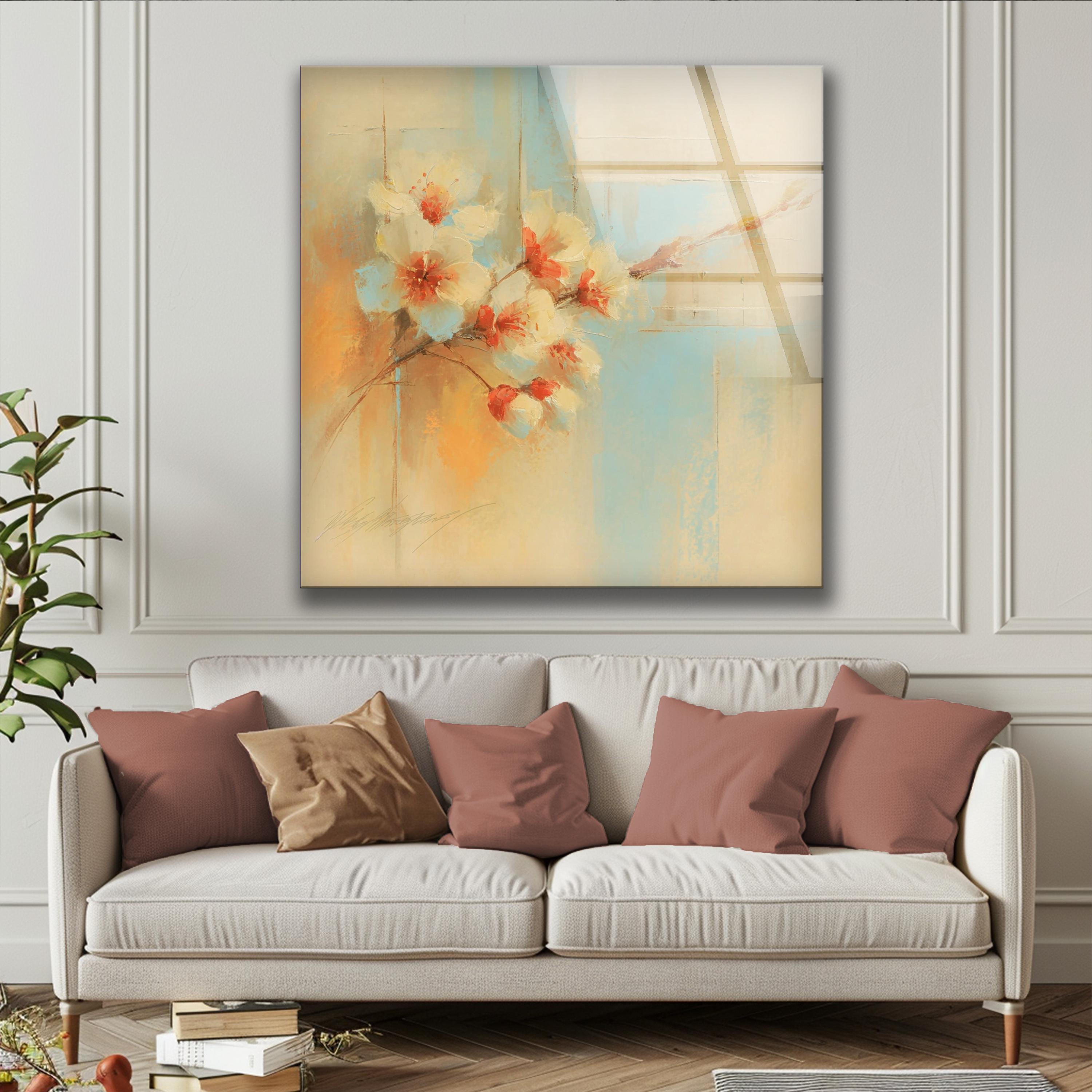 Art mural en verre motif fleurs de cerisier, tons pastel orange et sarcelle