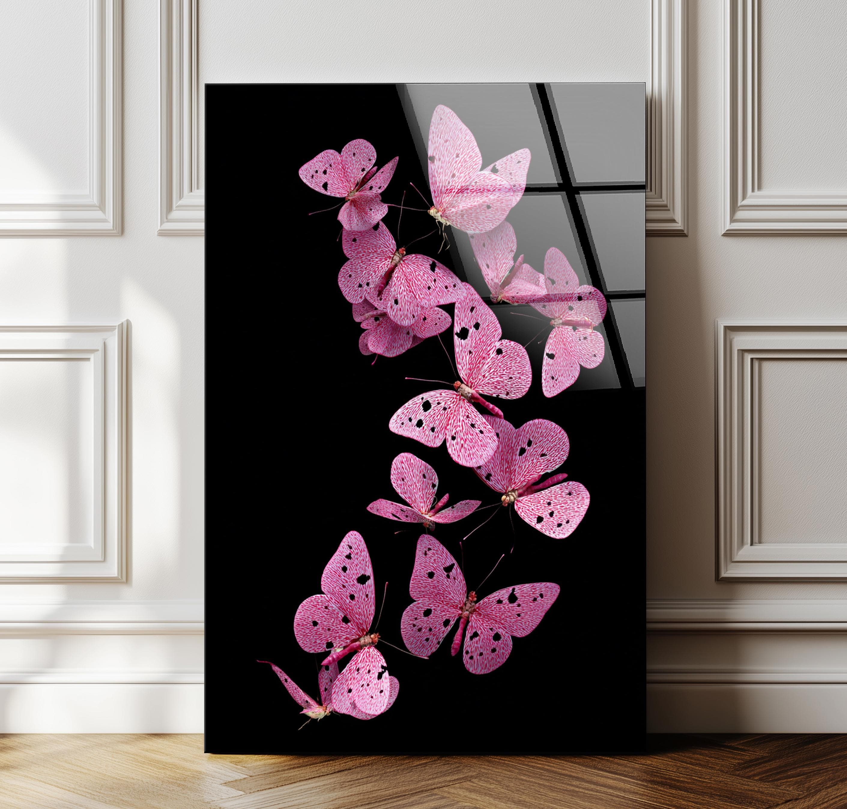 Décoration murale en verre trempé avec papillon rose et motif floral pour intérieur nature