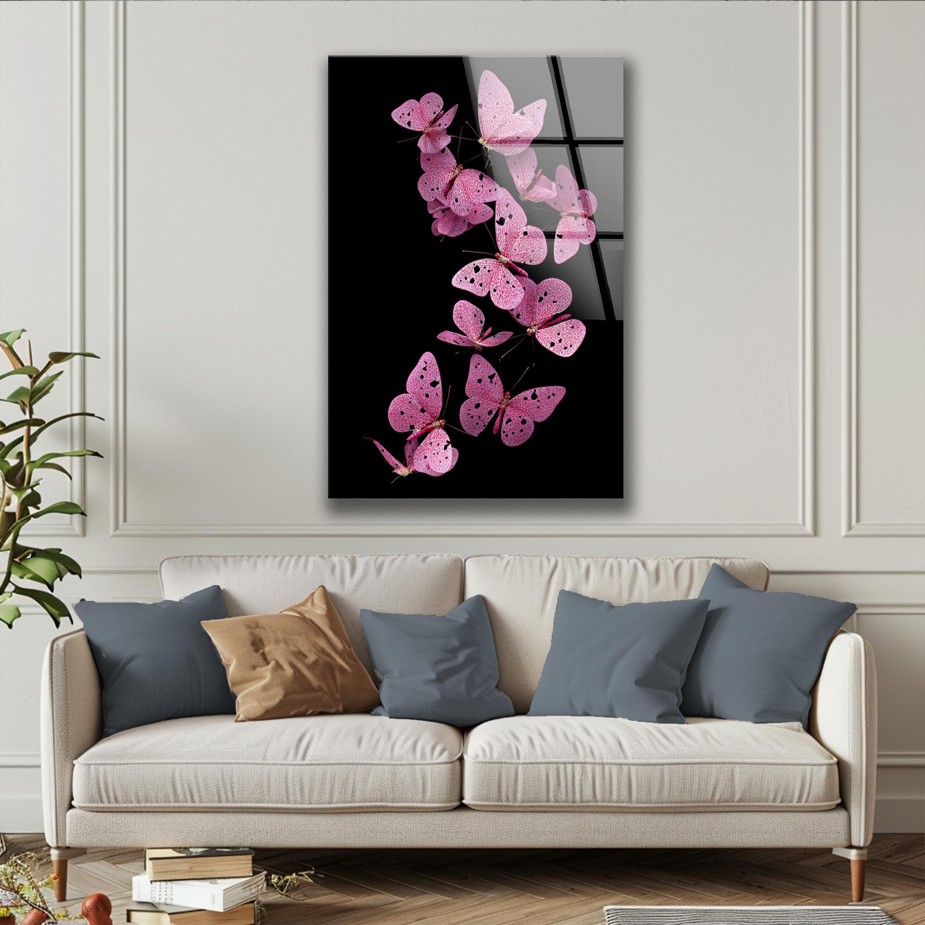 Décoration murale en verre trempé avec papillon rose et motif floral pour intérieur nature