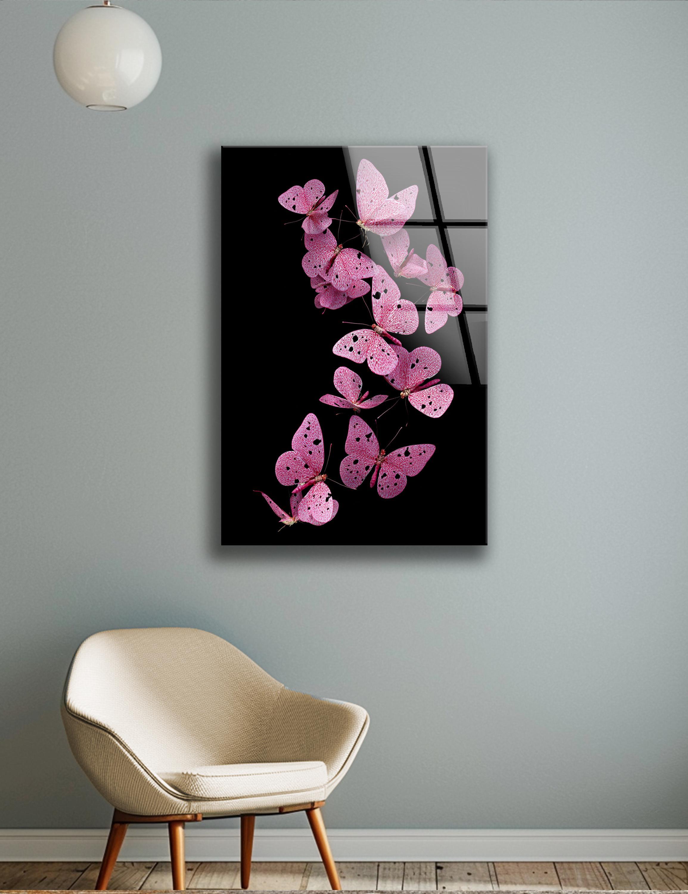 Décoration murale en verre trempé avec papillon rose et motif floral pour intérieur nature
