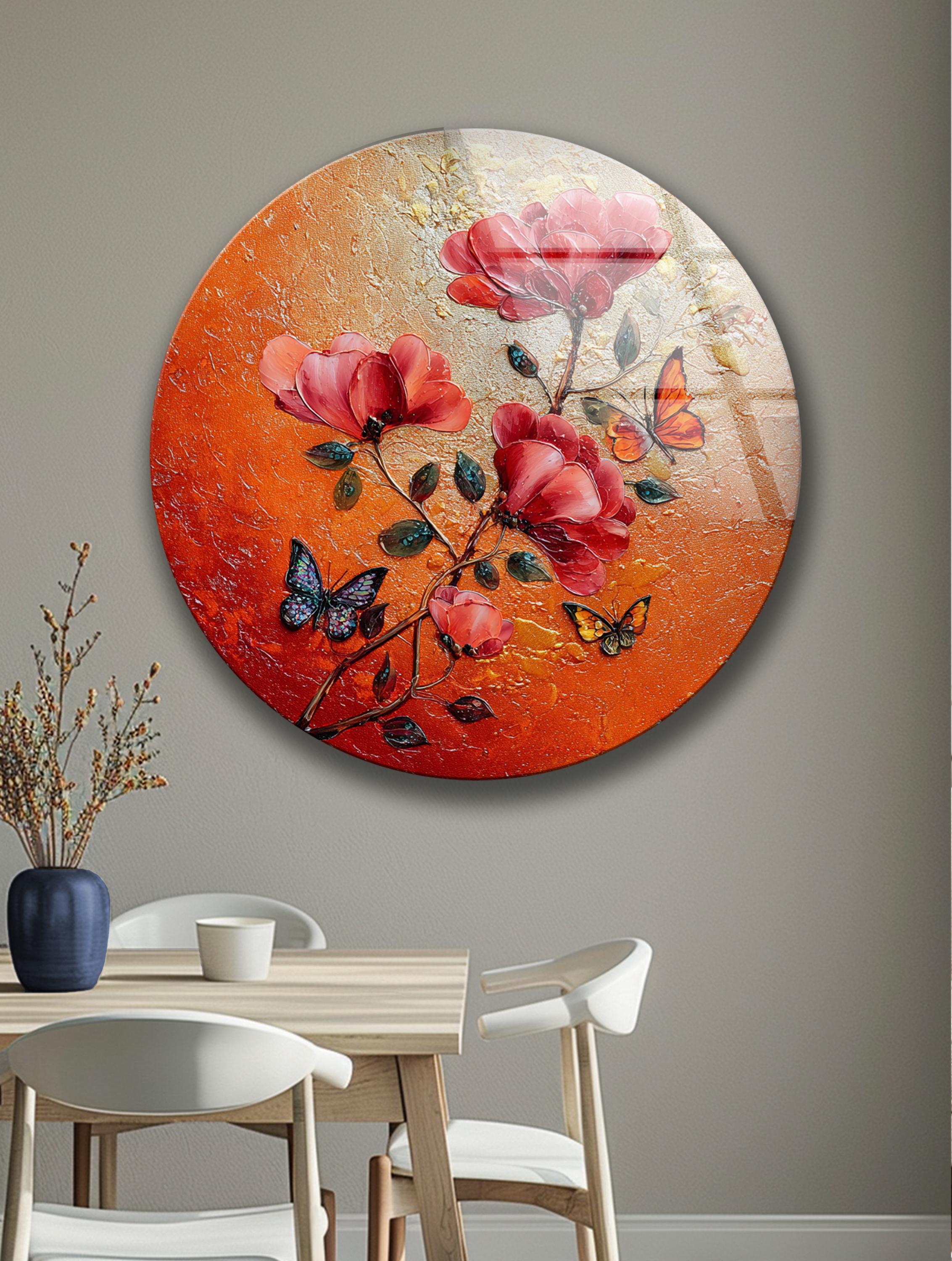 Art mural en verre rond à motifs floraux rouges et papillon pour décoration intérieure