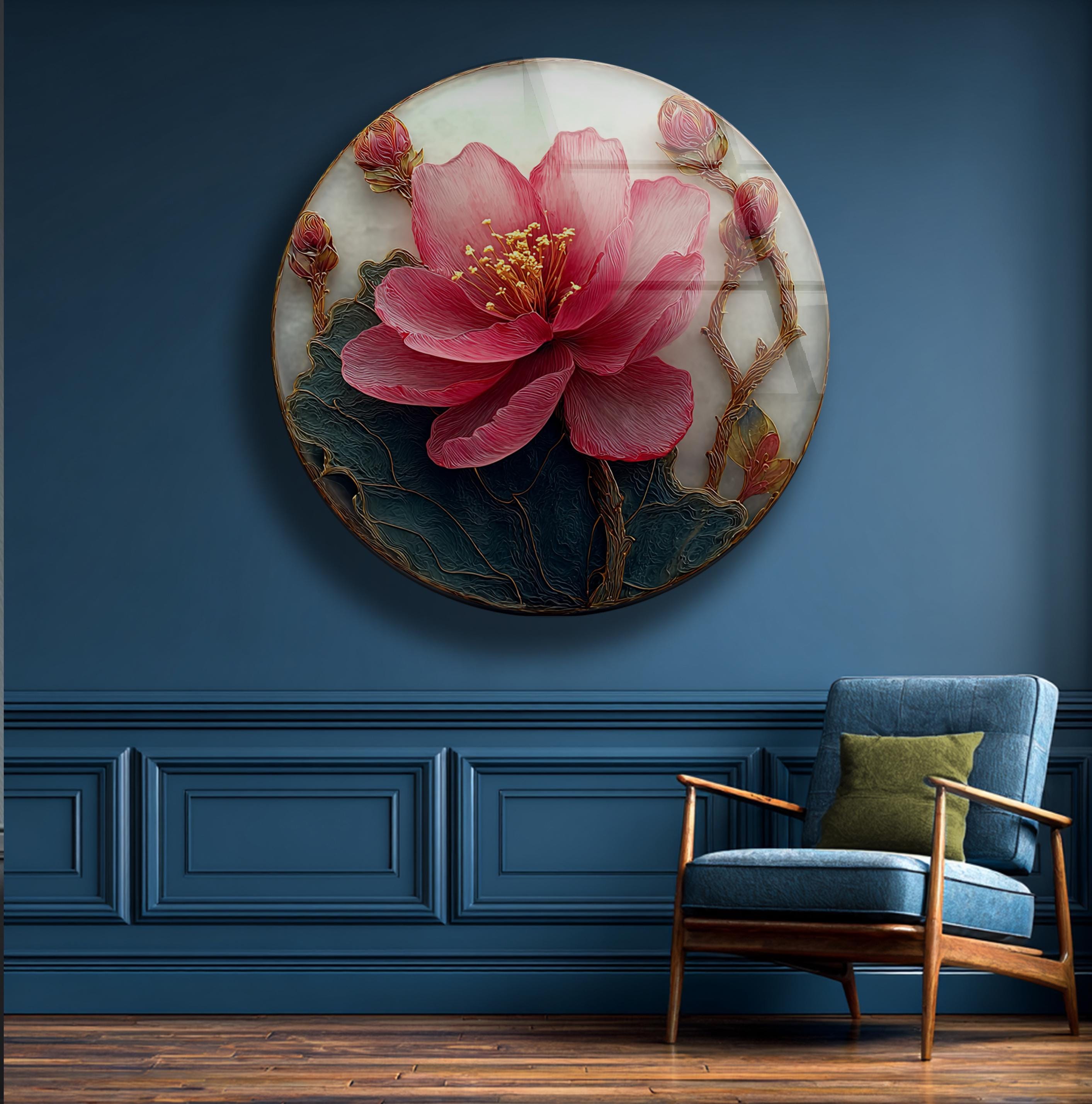 Art mural floral en verre rond avec pivoine rose, idée cadeau maison