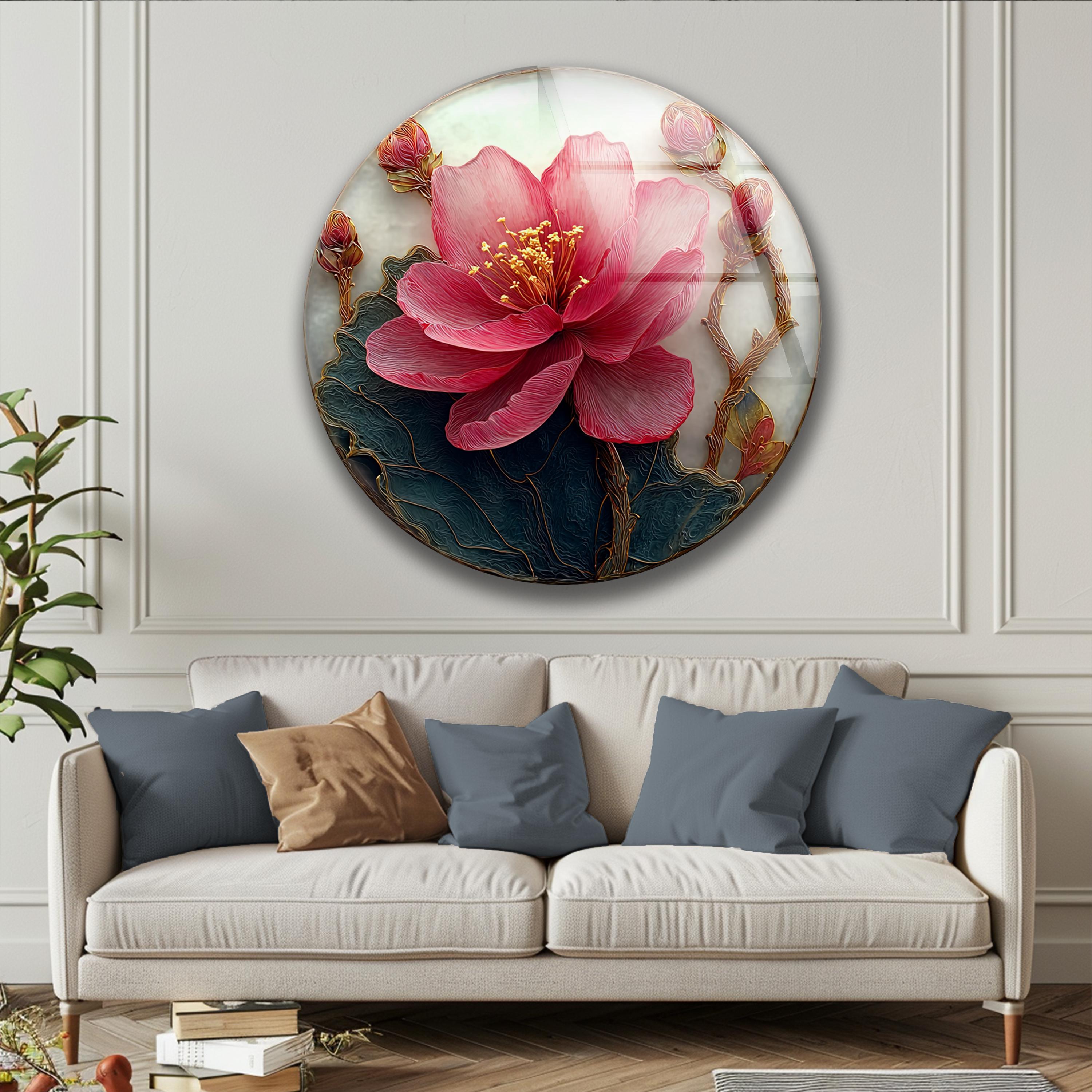 Art mural floral en verre rond avec pivoine rose, idée cadeau maison