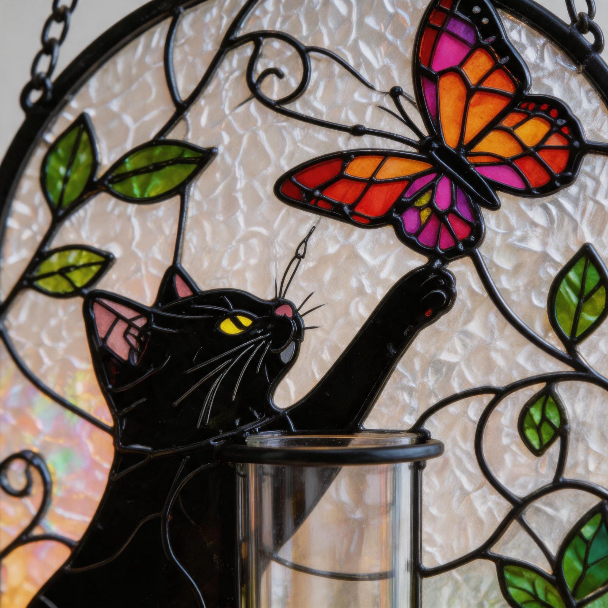 Attrape-soleil chat noir en vitrail avec porte-vase, cadeau mignon pour amoureux des chats