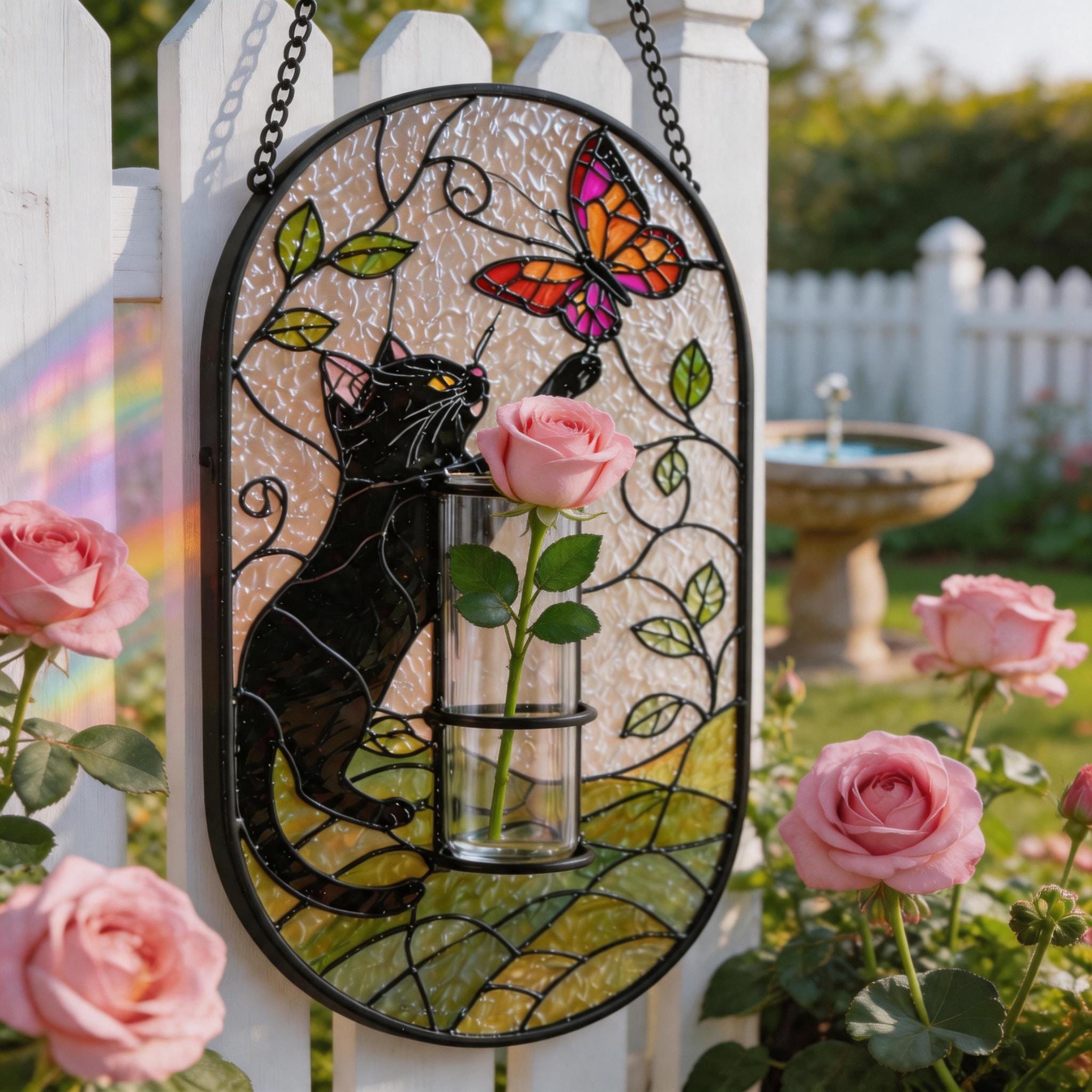 Attrape-soleil chat noir en vitrail avec porte-vase, cadeau mignon pour amoureux des chats