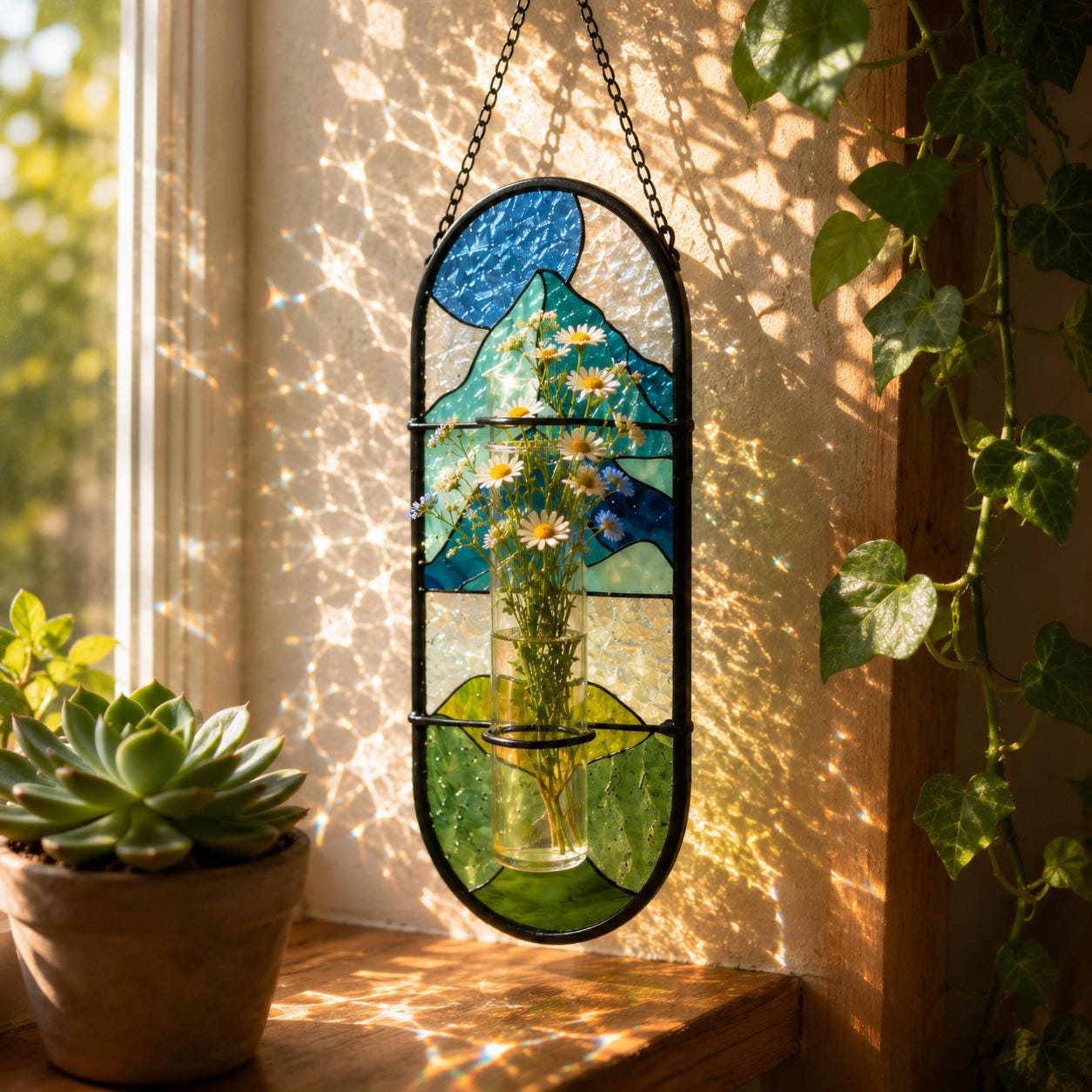 Attrape-soleil suspendu en verre teinté personnalisé, vase de fleur de naissance, décoration de propagation de fleur de fenêtre, cadeau de grand-mère, cadeau d'anniversaire