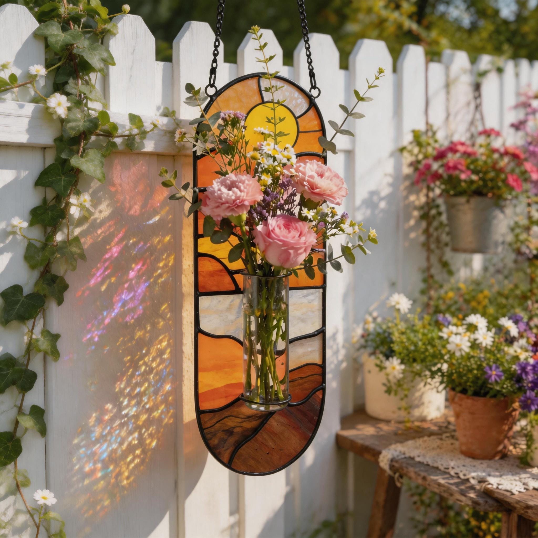 Attrape-soleil suspendu en verre teinté personnalisé, vase de fleur de naissance, décoration de propagation de fleur de fenêtre, cadeau de grand-mère, cadeau d'anniversaire