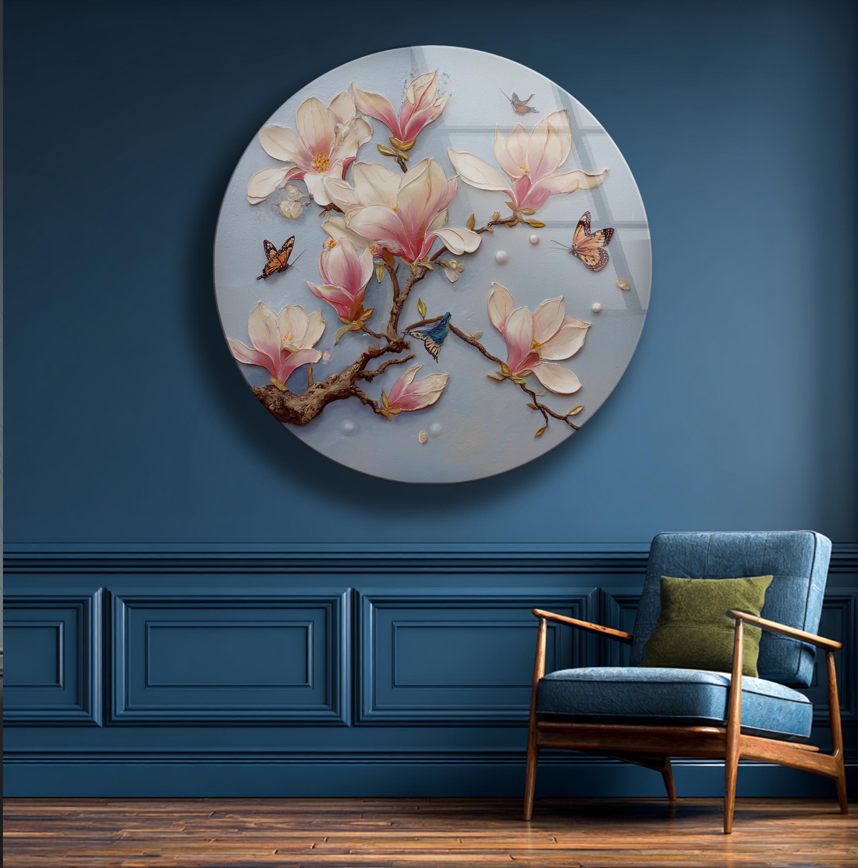 Décoration murale en verre trempé avec magnolia doux et papillon pour intérieur botanique
